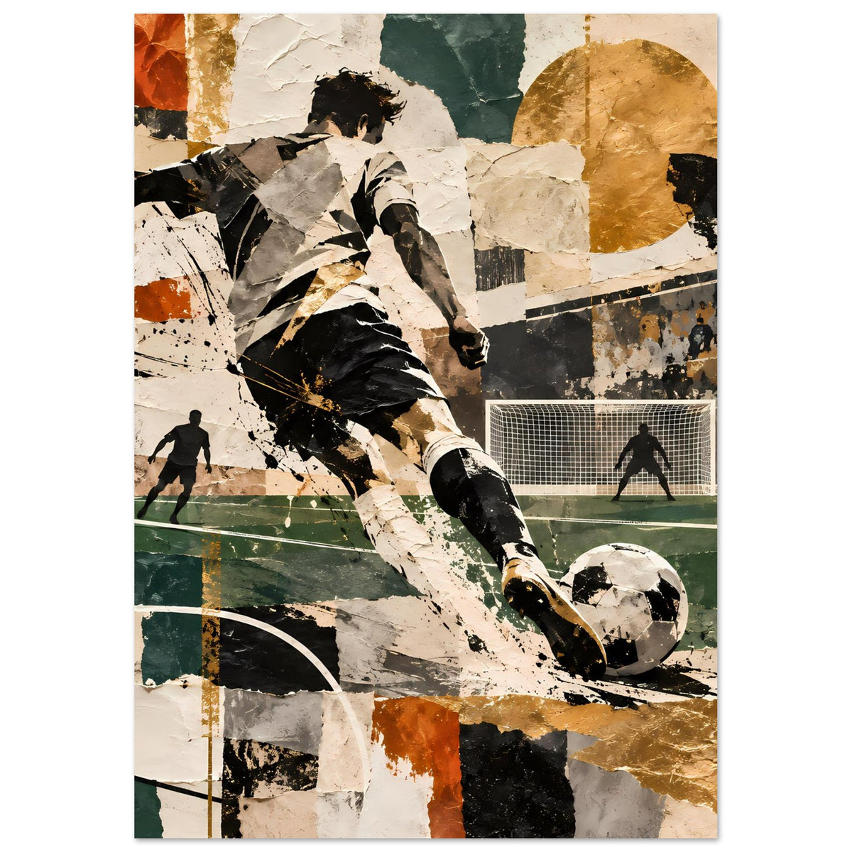 Fußball-Actionposter im Hochformat mit Spieler, Ball und Netz, Creme-, Grün- und Goldtöne