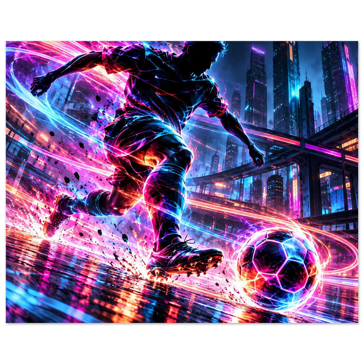 Neon-Soccer-Actionposter im Querformat mit Spieler, Neon-Umrissen, Stadtlichtern und Ball