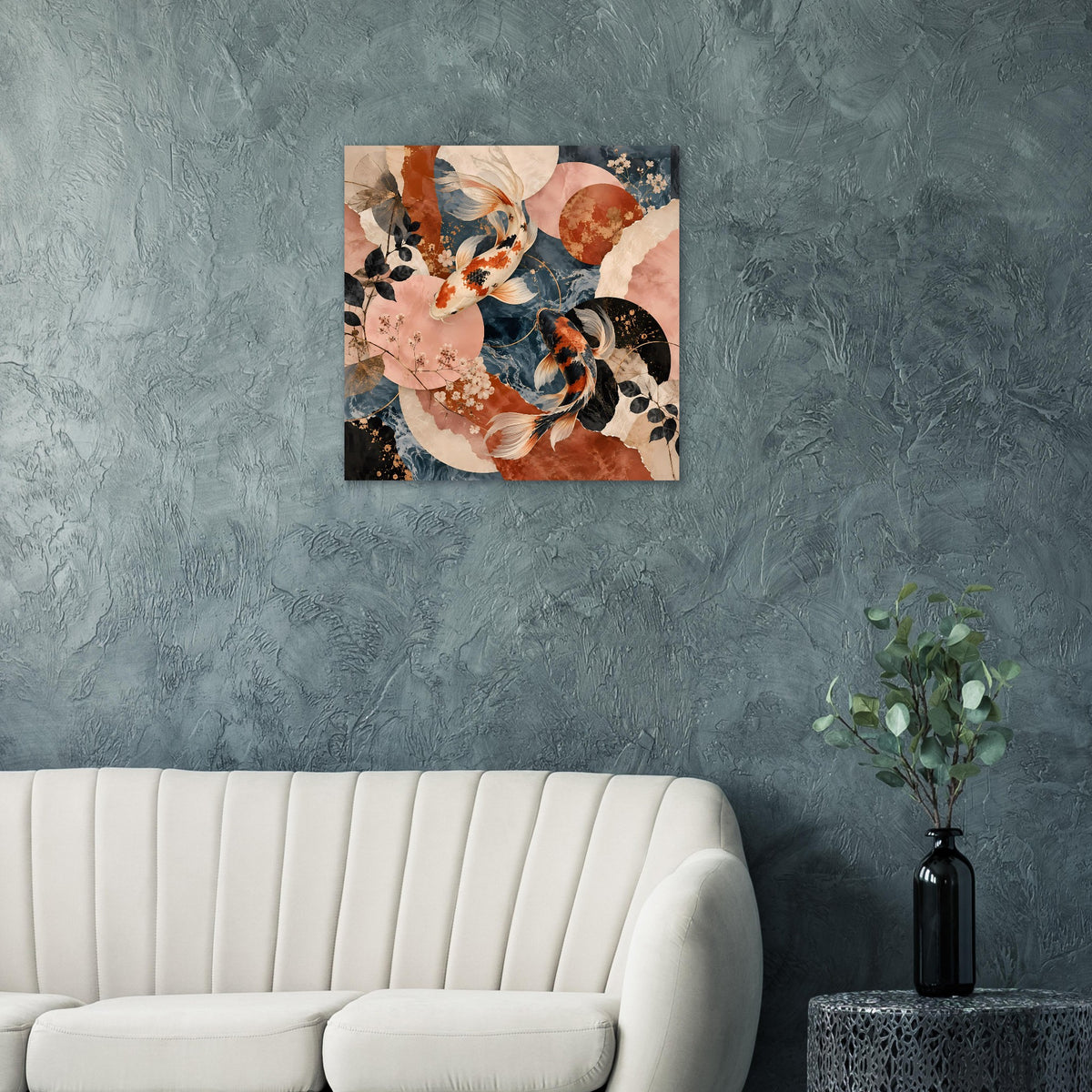 Gerahmtes Koi-Fische-Poster, stilisierte Koi in Terrakotta, Dunkelblau und Beige, quadratisch