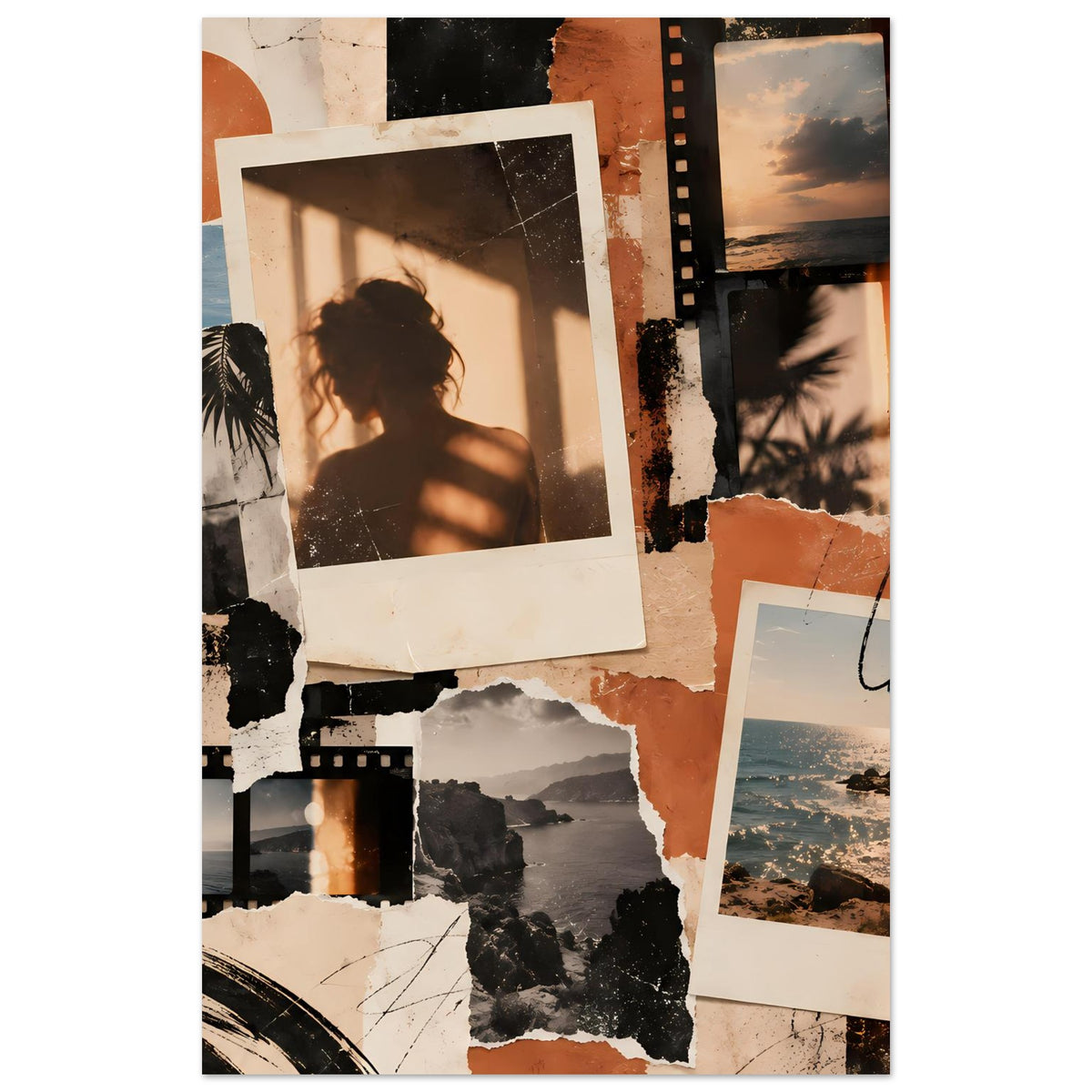 Collage-Poster mit Fotocollage, Filmstreifen und Bildausschnitten am Strand in warmen Tönen