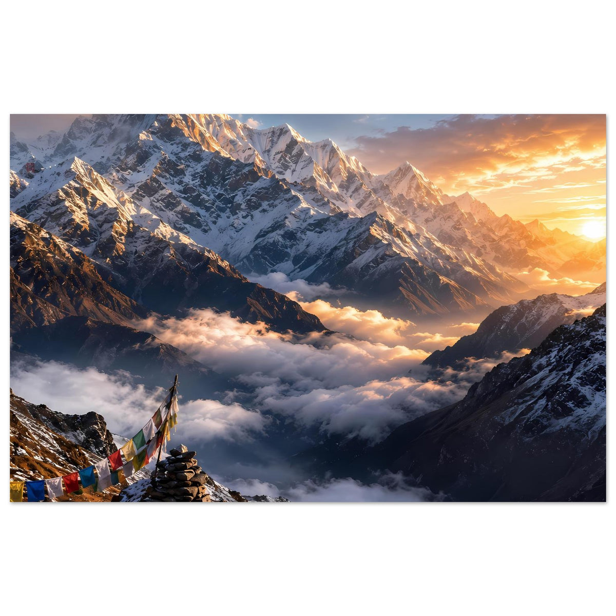 Querformat-Poster: Himalaya-Tal mit Sonnenaufgang, Wolkenmeere und Berge im Hintergrund.