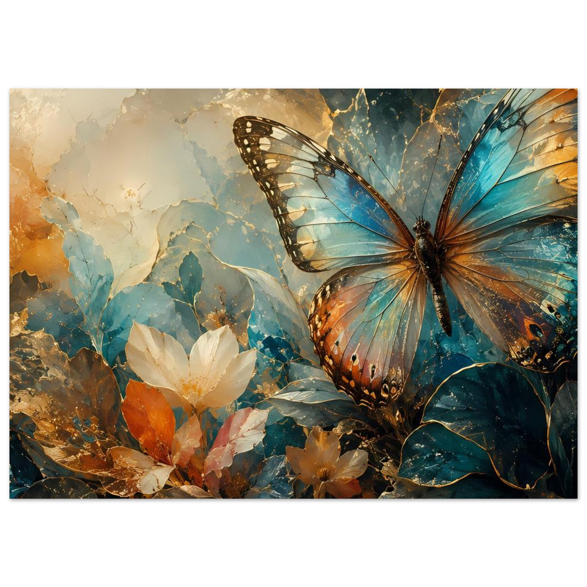 Horizontales Poster: Schmetterling, Blumen und Blattornamente in warmen Blautönen mit goldenen Akzenten