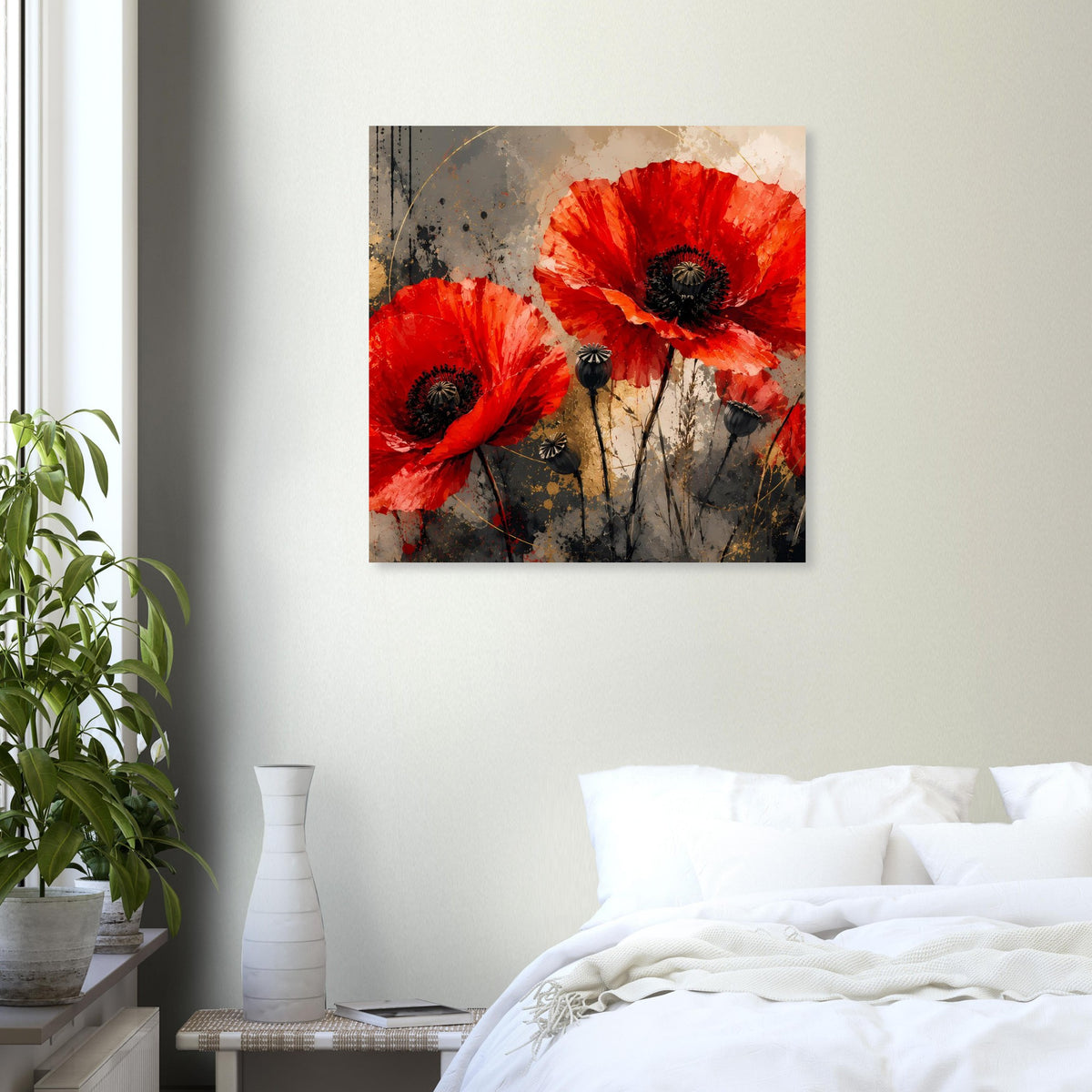Quadratisches Wandposter mit drei roten Mohnblumen und schwarzen Blütenmitten.