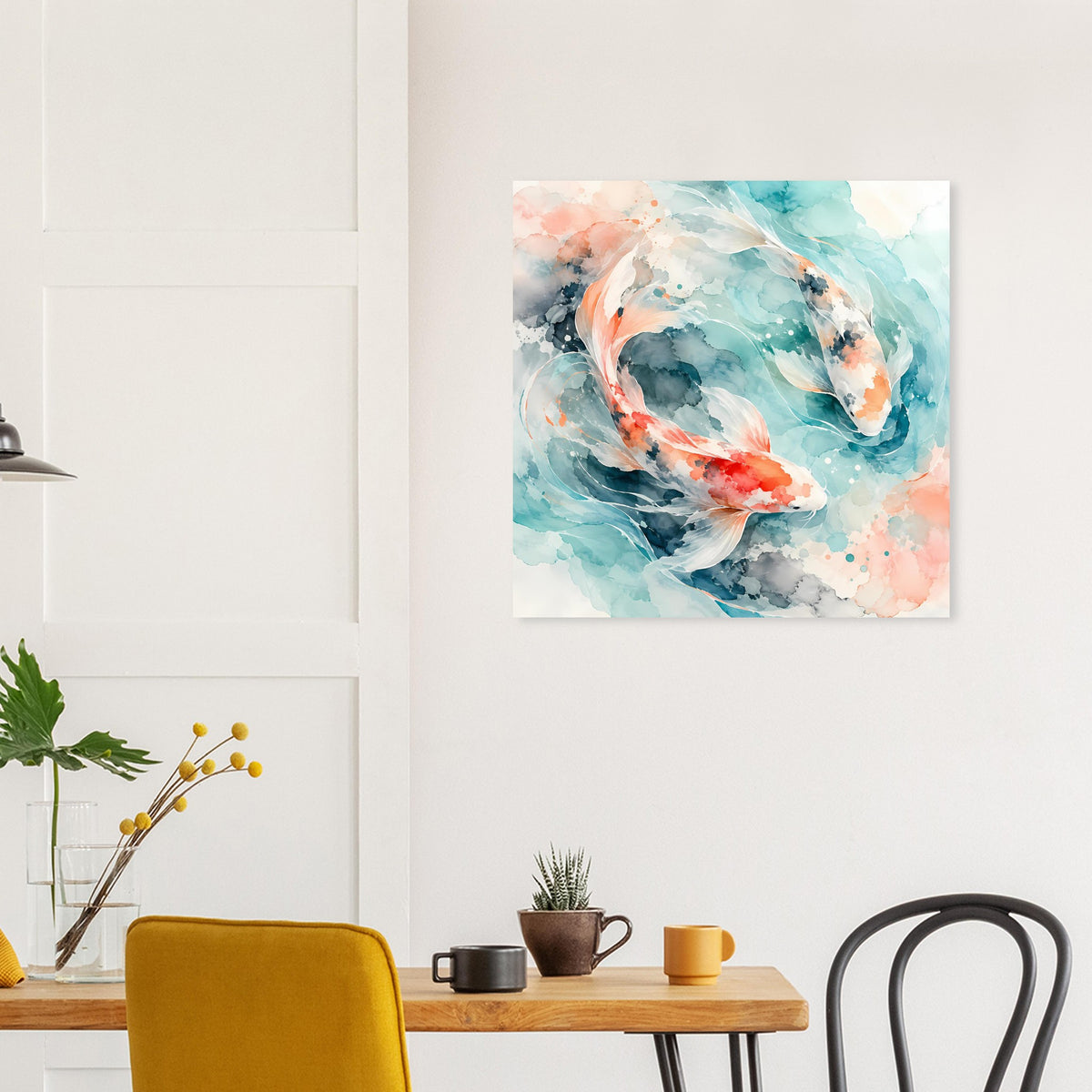 Koi-Fische Poster im Aquarell-Look, blaugrün mit korallenroten Farbtupfern