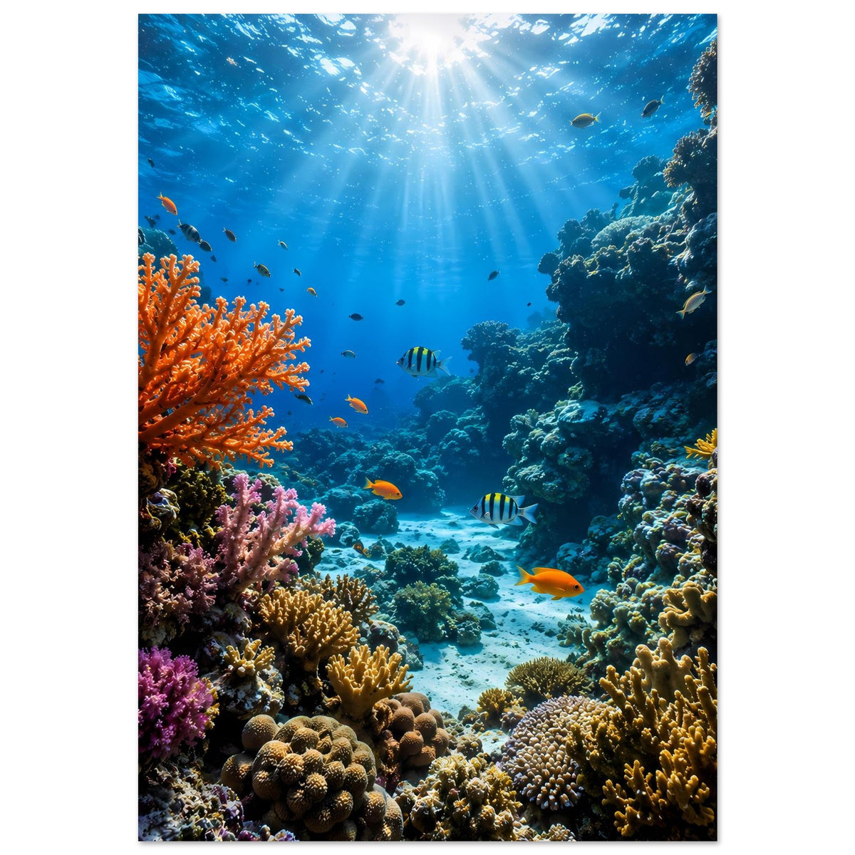 Unterwasser-Poster mit Korallenriff und vielen Fischen, hellen Lichtstrahlen im Wasser