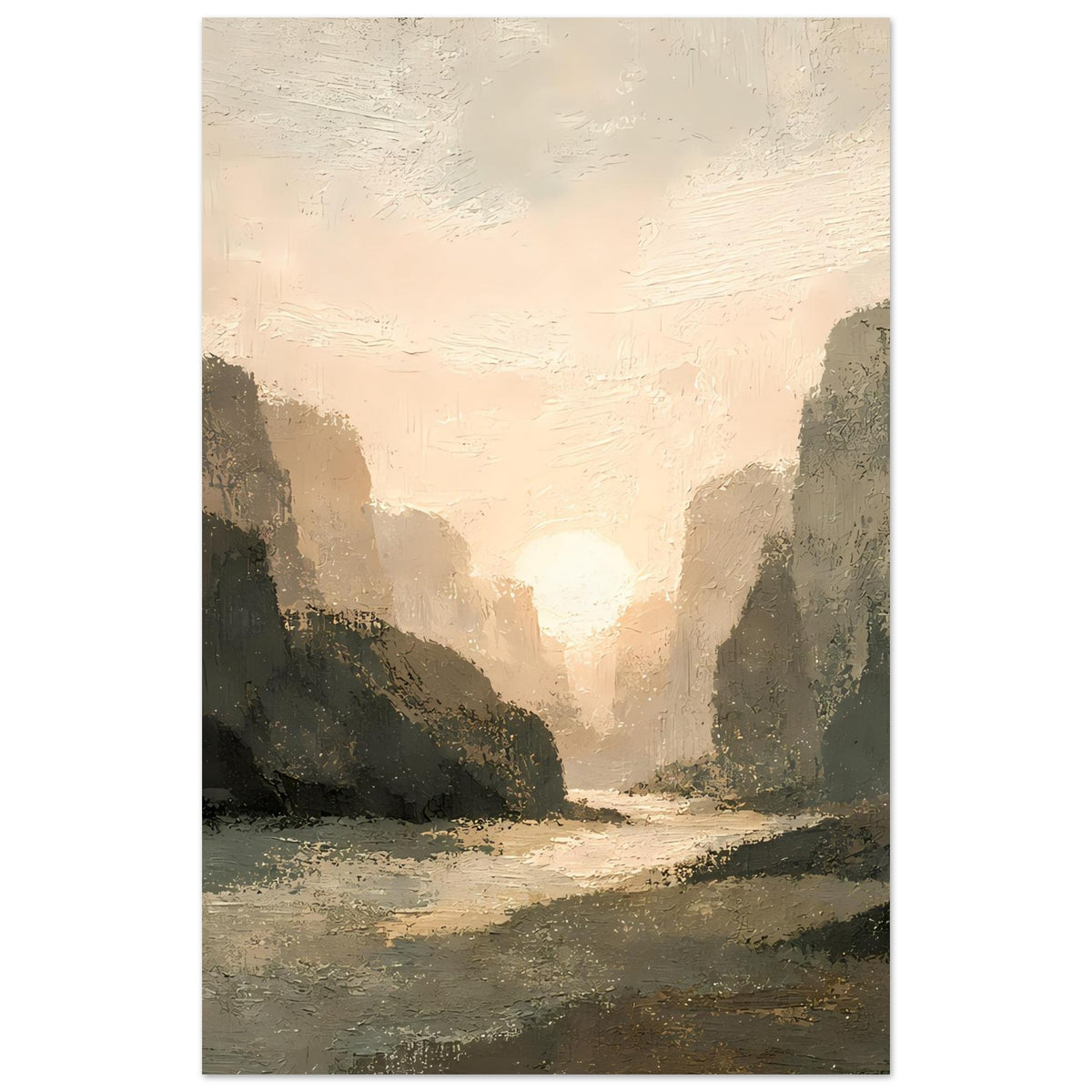 Poster Sonnenuntergangs-Landschaft im Hochformat: helles Tallicht, dunkle Felswände