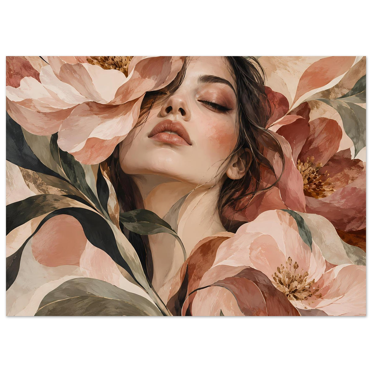 Poster im Querformat mit Blumenportrait: ruhiges Frauenmotiv und große Blüten in warmen Farben.