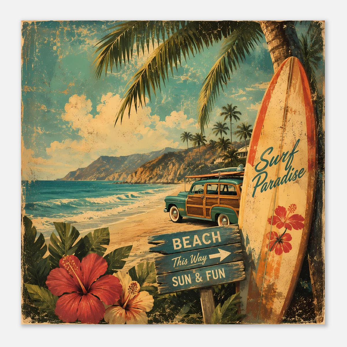 Vintage Strandposter, Nahansicht: Surfbrett, grüner Bus, Palmen, „BEACH“ und „SUN & FUN“