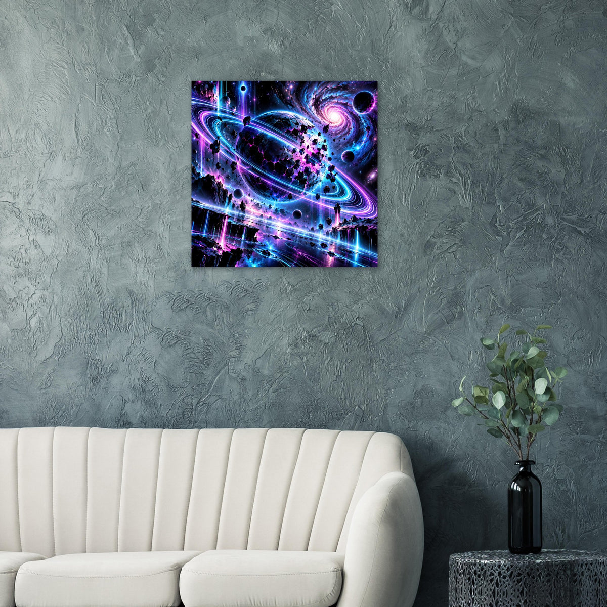 Quadratisches Wandposter mit Neon-Galaxie, planetarischem Wirbel und Lichtspuren in Blau