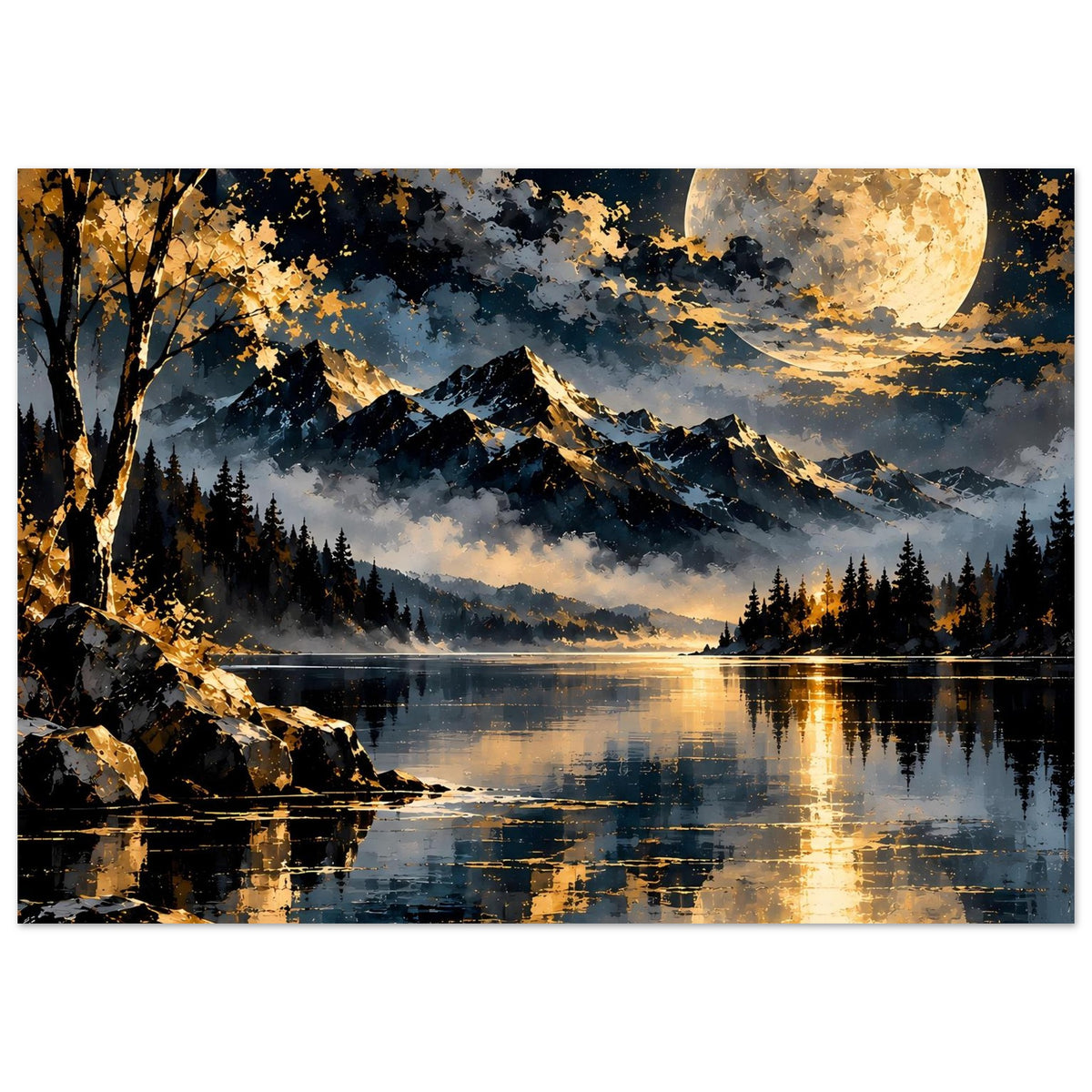 Großes Querformat-Poster mit Mondschein über Bergsee und goldenen Baumkronen