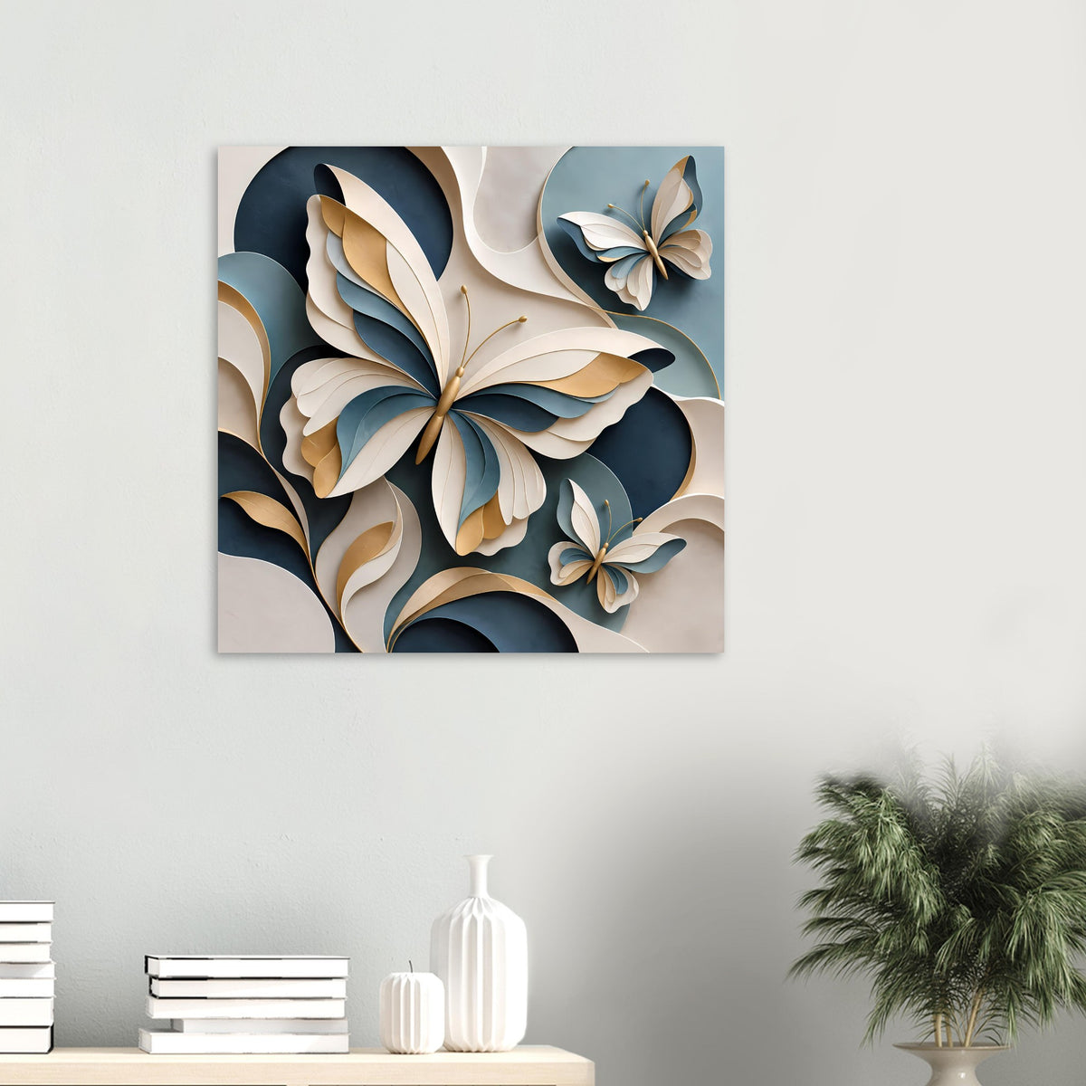 Schmetterlingskunst-Poster quadratisch: Blütenornament mit Schmetterlingen, Blau- und Goldtöne