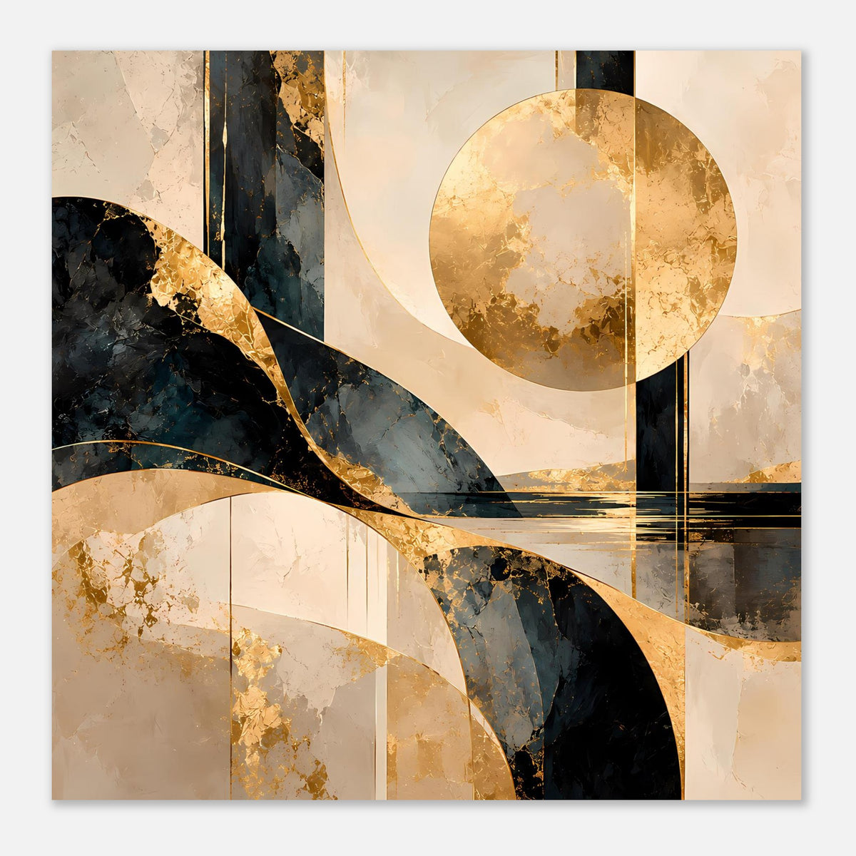 Abstraktes Poster, horizontal: goldener Kreis, schwarze Bogenlinie, gestreifte Balken