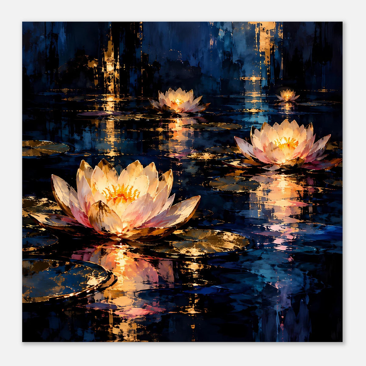 Blumenposter mit Seerosen auf blauem Wasser, goldene Reflexe und warme Lichteffekte