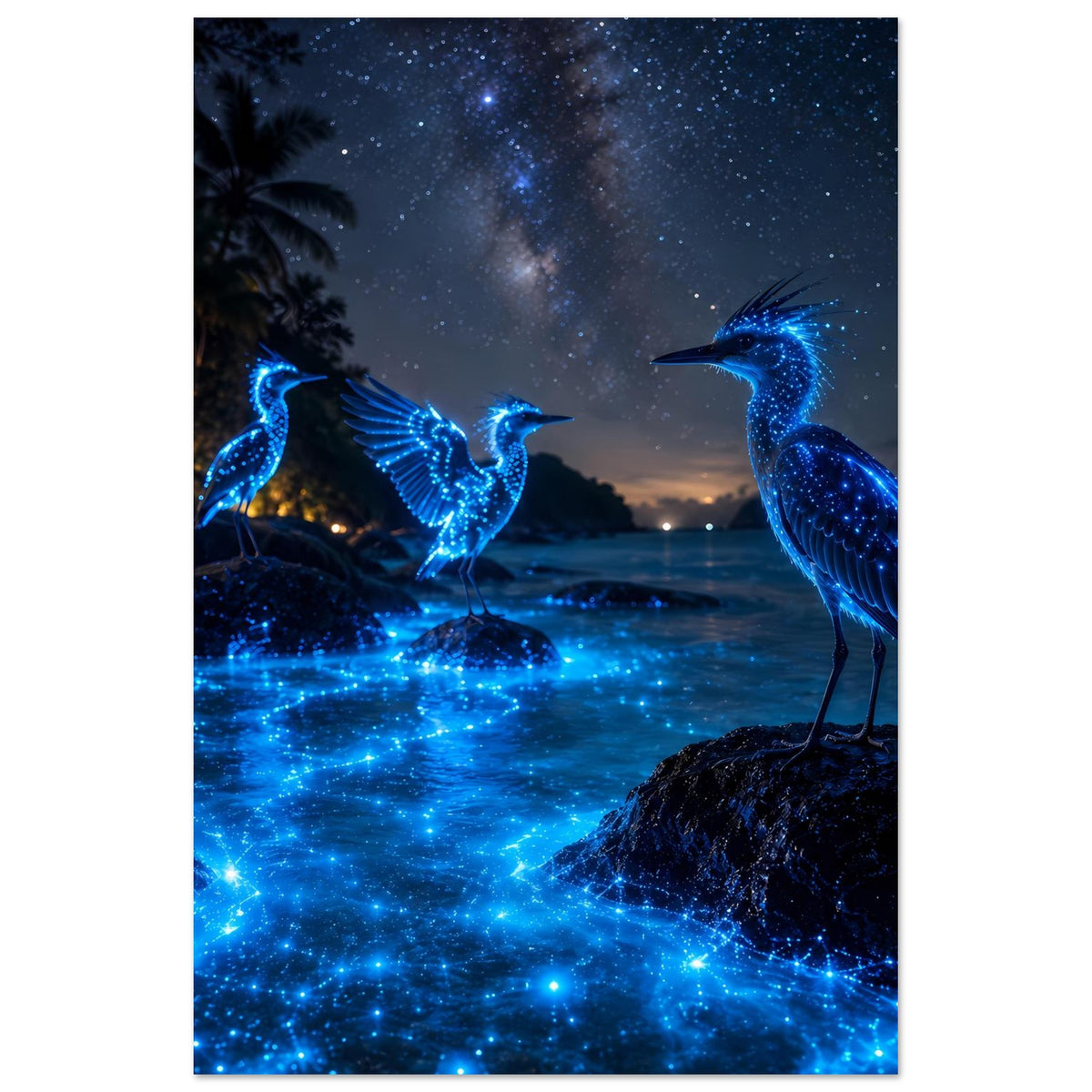 Poster im Hochformat mit drei leuchtend blauen Nachtvögeln, Sternen und leuchtendem Wasser