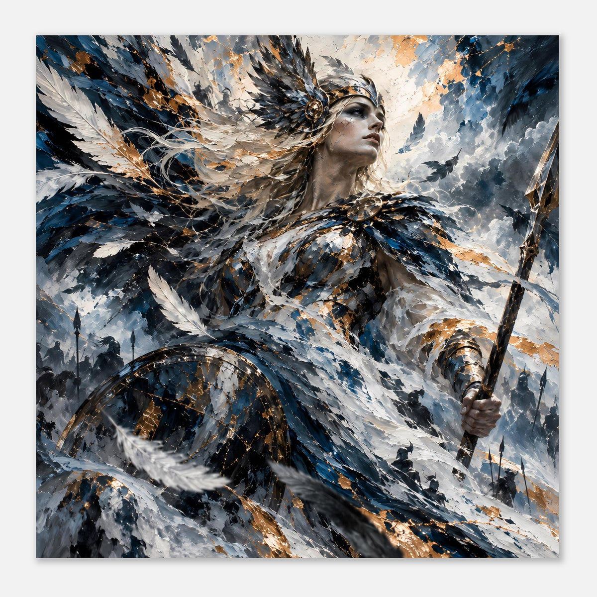Poster im Quadratformat: Valkyrie mit Federkleid, blau-grau, gold-braune Sprenkel, Speer