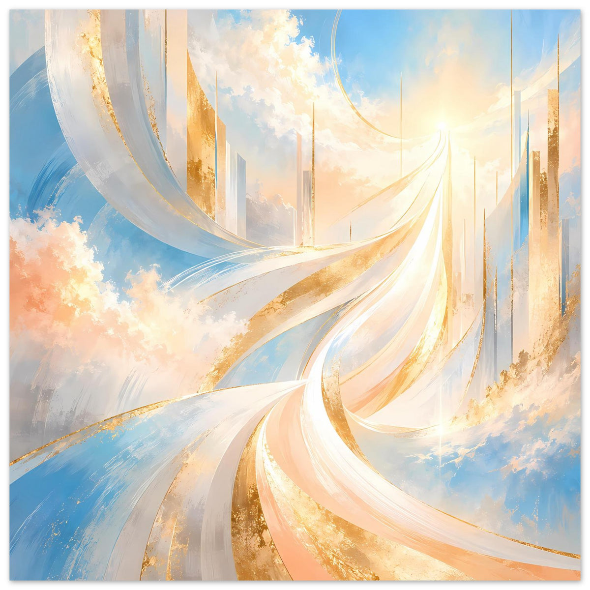 Abstraktes Poster, horizontale Darstellung mit weißen Schwüngen und goldenen Akzenten