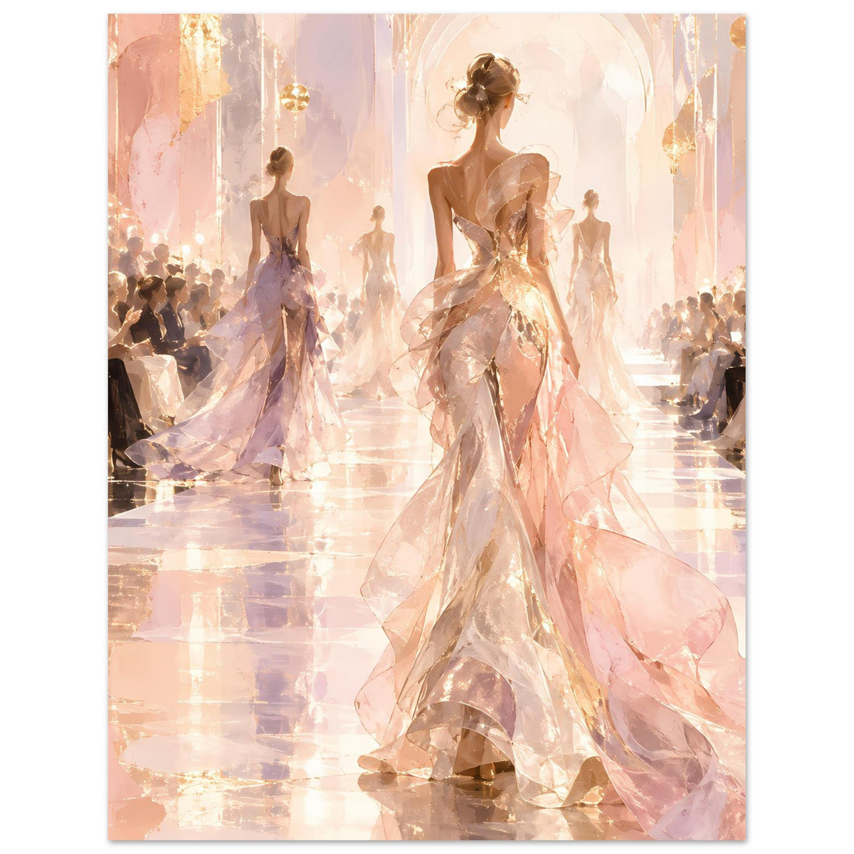 Mode-Runway-Poster im Hochformat mit gold-beiger Designerfigur im Tüllkleid