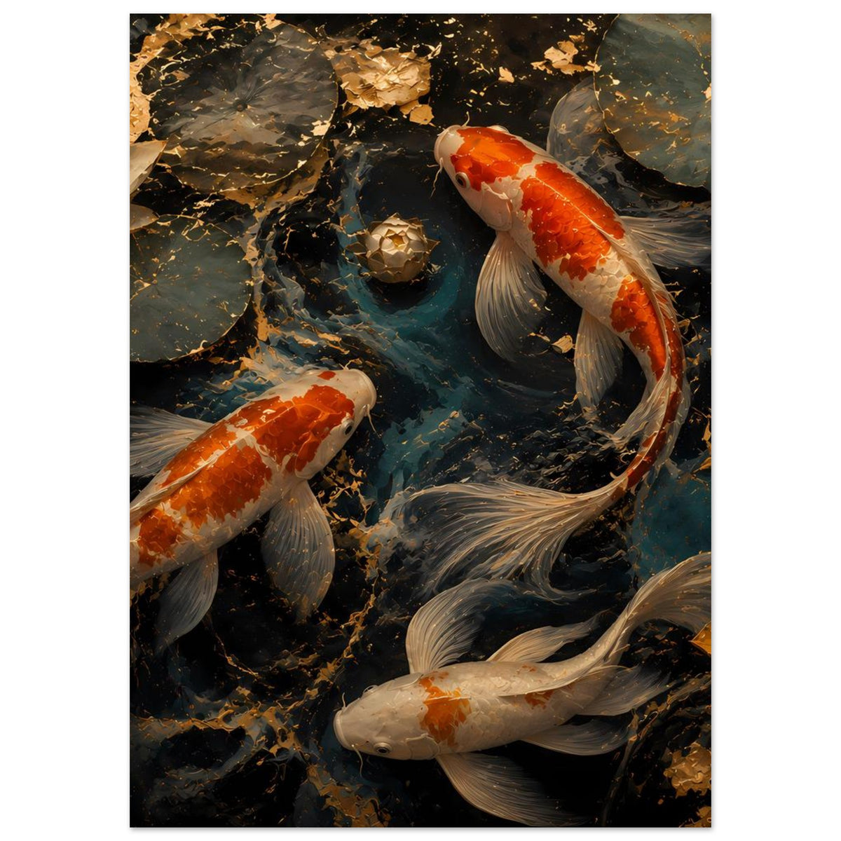 Poster mit Koi-Fischen im Teich, drei Fische vorn, orange-weiße und silbergraue Farbflächen