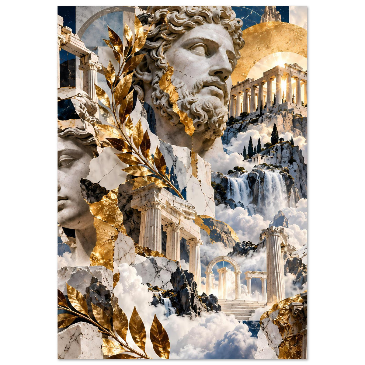 Griechisches Mythologie-Collageposter mit Statue, Wasserfall-Landschaft, Säulen und goldenen Blättern