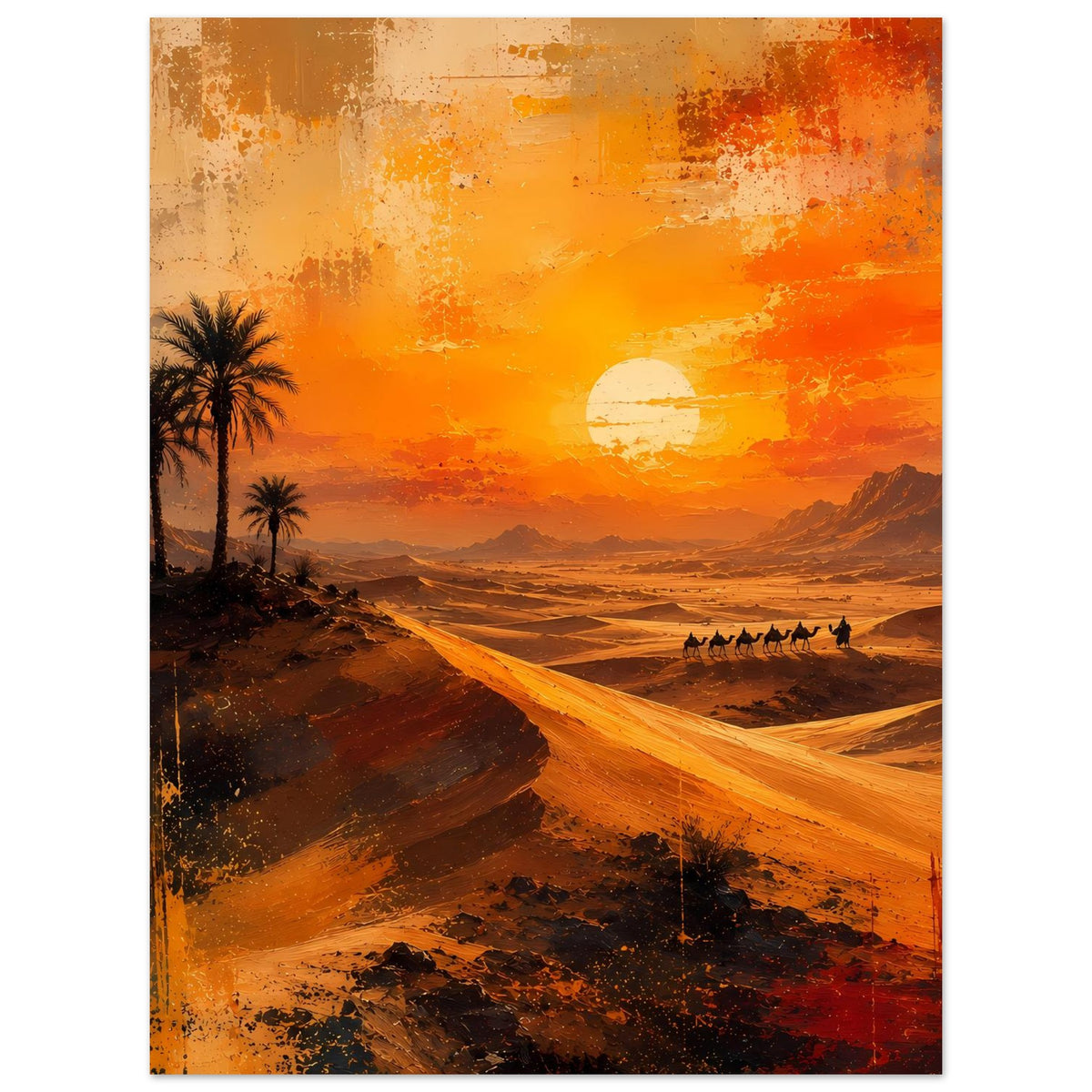 Wüstenposter mit Palmen, Karawane und goldenem Sonnenuntergang über Dünen