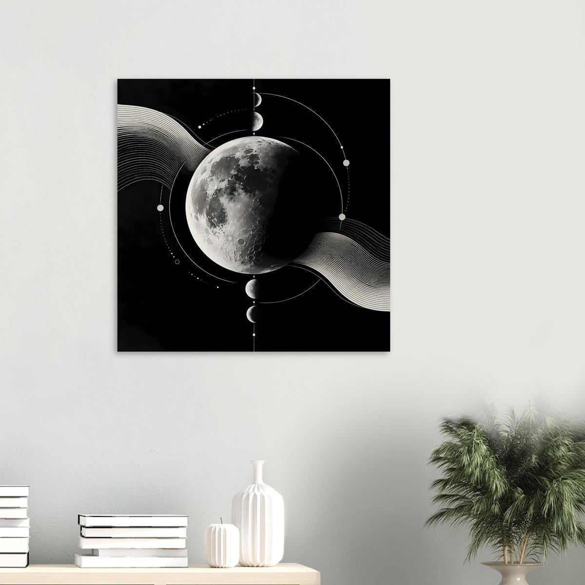 Kleines Querformat-Poster mit Mondmotiv: silberner Mond, Kreise, Wellenlinien auf dunkel