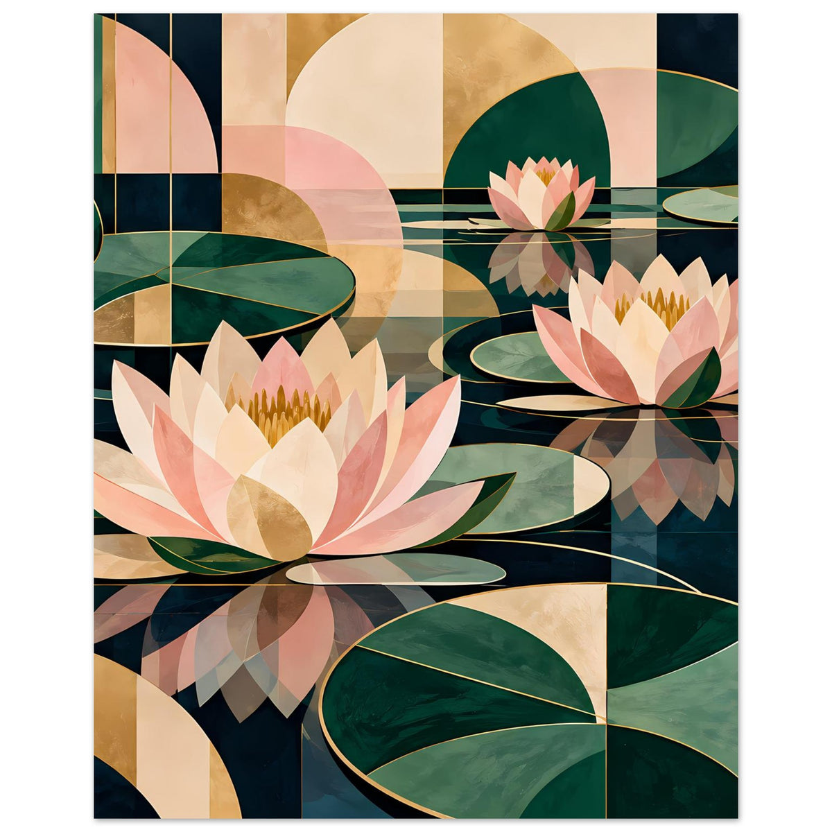 Lotus-Grafikposter: geometrische Komposition mit Lotusblüten und grünen Blättern in Rosa/Grün