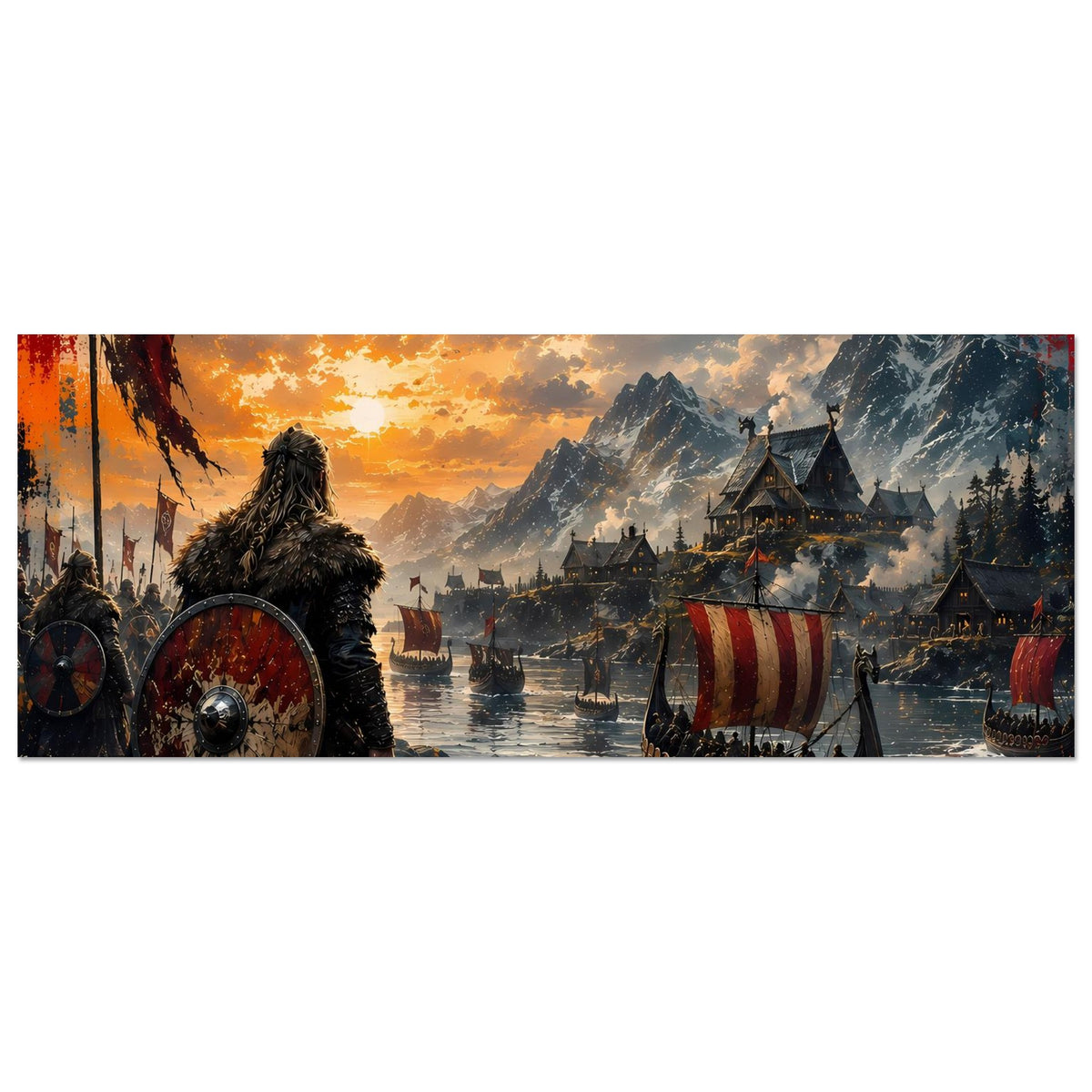 Wikinger-Saga-Poster, Panoramaansicht mit Langschiff und Häusern am Sonnenuntergang