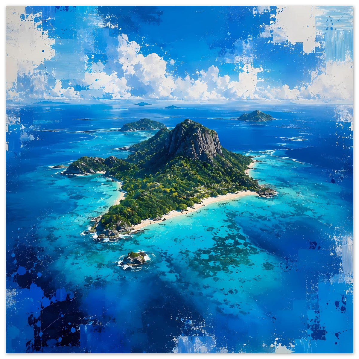 Tropisches Insel-Poster mit Felsberg, türkisblauem Meer und Sandbuchten