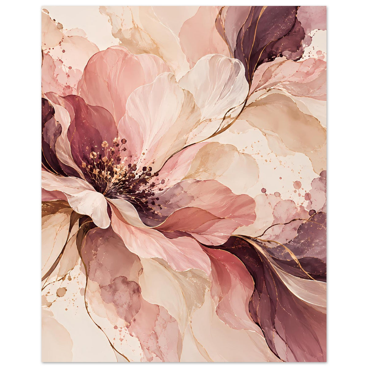 Blütenposter im Hochformat mit rosa Blüte, beerenfarbene Blätter und zarten Spritzer-Details