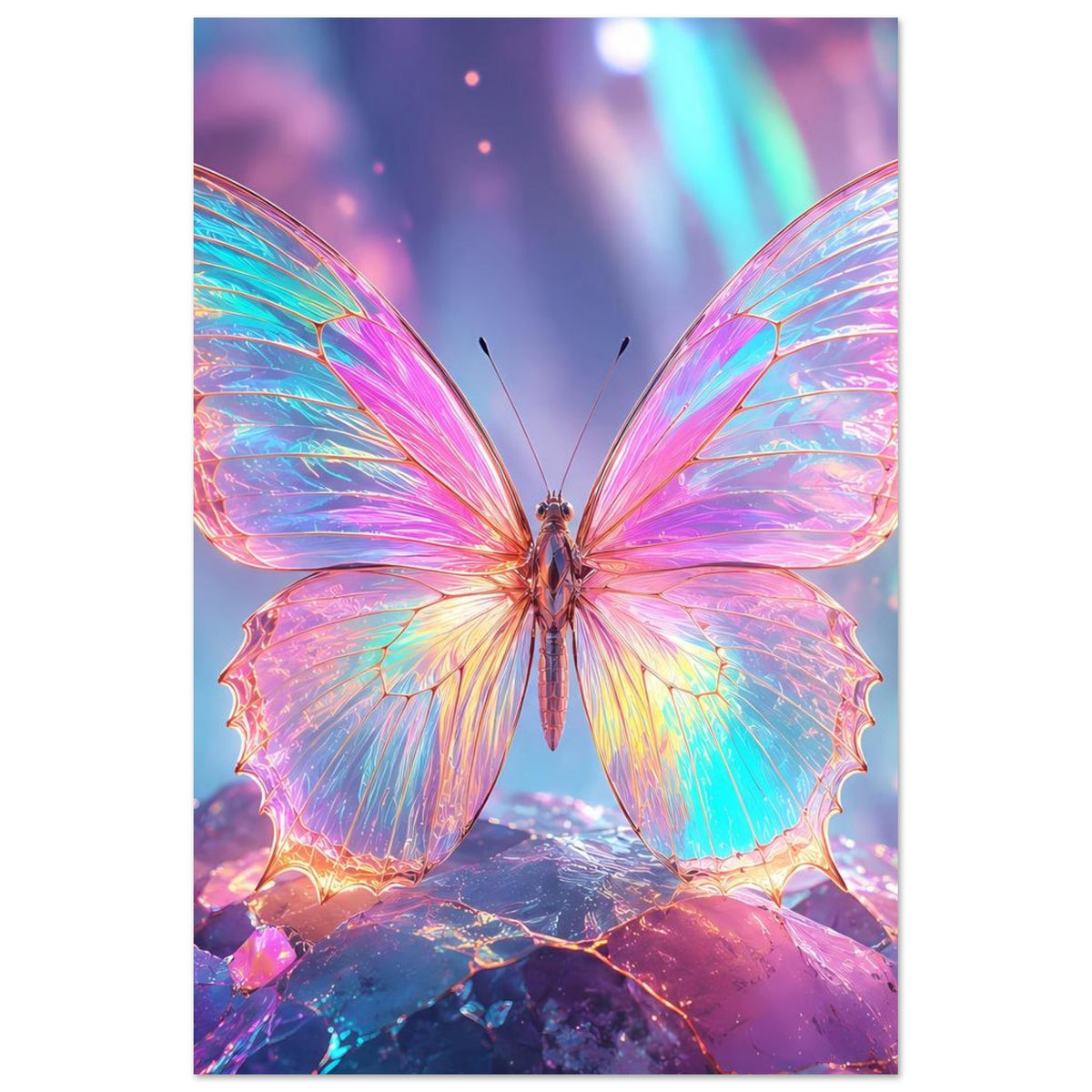 Schmales Fantasy-Poster: zentrierter Schmetterling mit regenbogenfarbenen, irisierenden Flügeln