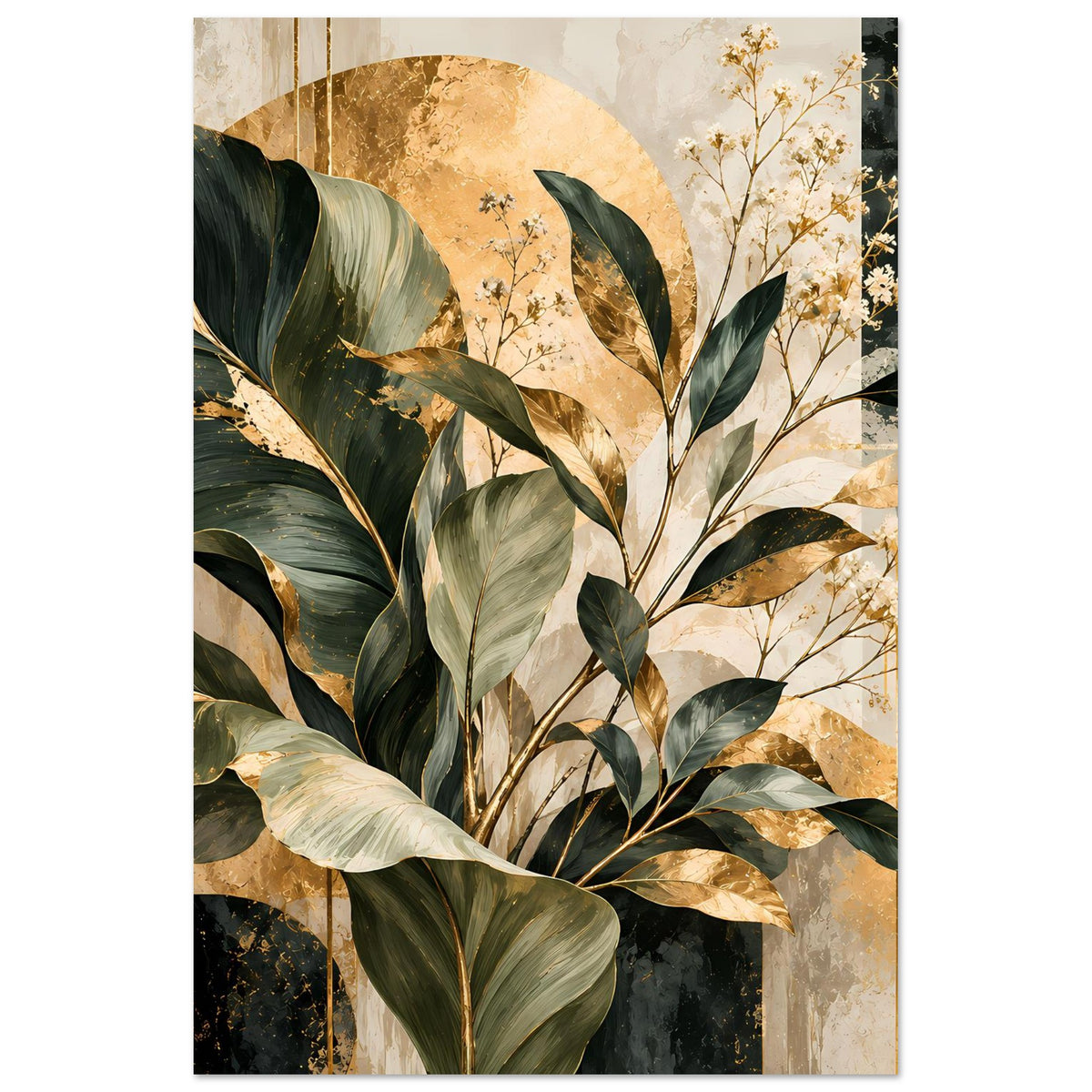 Hochformat-Poster mit Blattkrone, goldfarbenen Akzenten und cremefarbenen Blüten