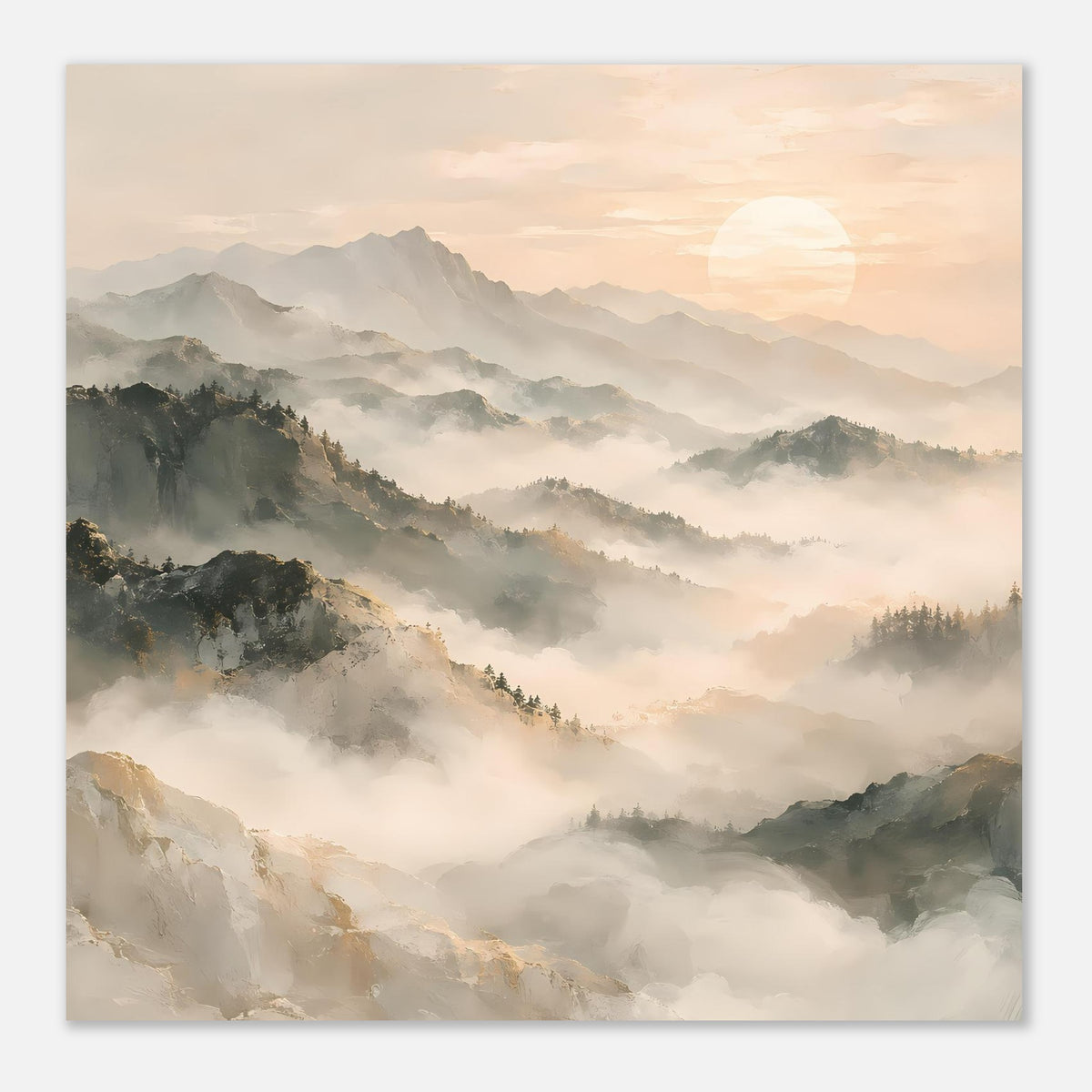 Poster mit Berglandschaft im Morgennebel, Sonne am Himmel, matte Oberfläche, Querformat.