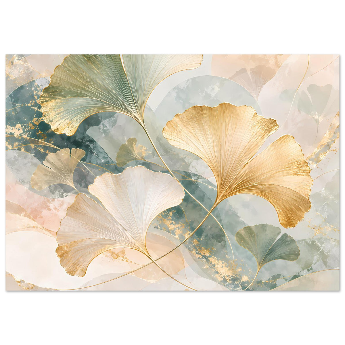 Querformat-Poster mit Ginkgo-Blättern in Gold, Türkis und Creme, feine Adernlinien