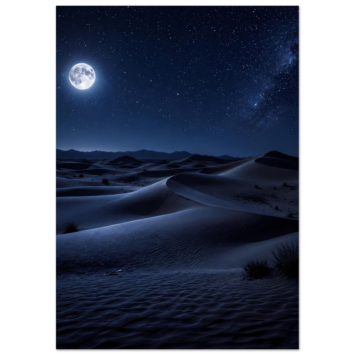 Poster mit Mond und Sternen über nächtlicher Wüste, Sanddünen im Vordergrund
