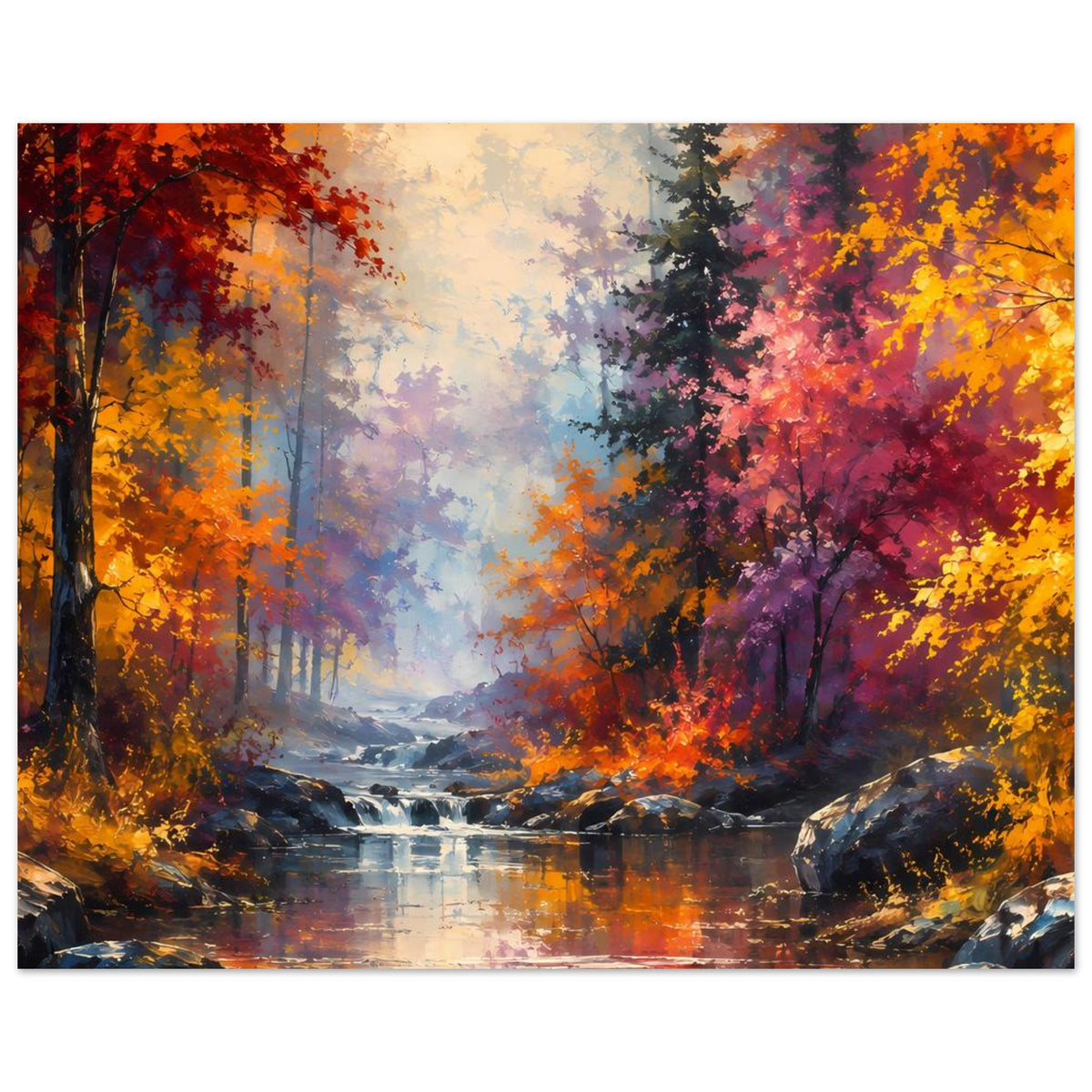 Poster mit Herbstwald-Panorama, farbintensive Bäume und Bach mit Wasserfall