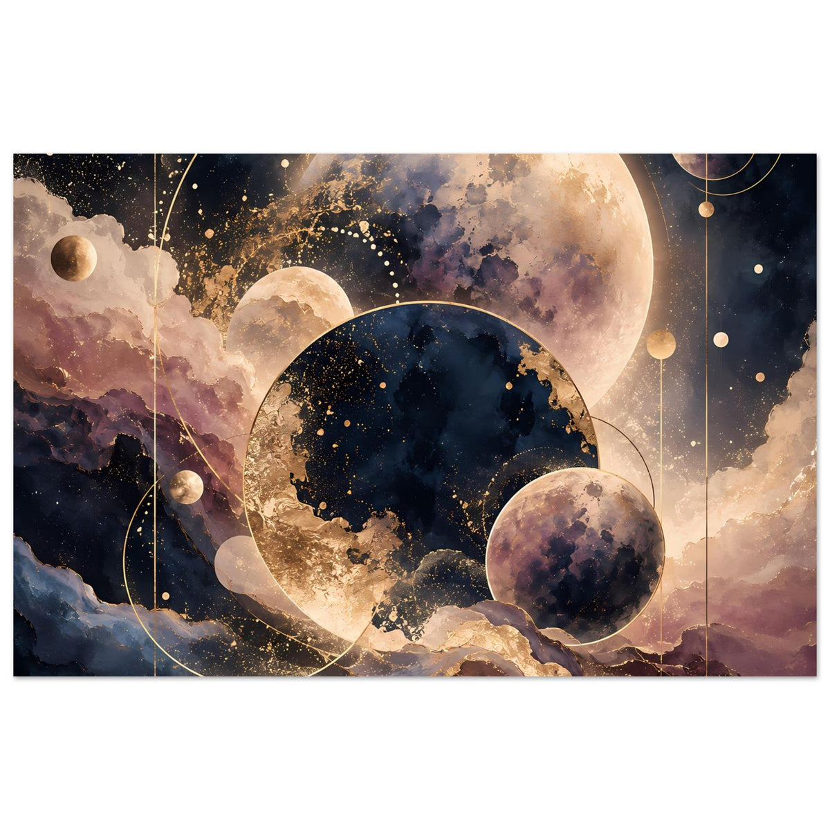 Poster mit Planeten- und Mondmotiv, dunkles Blau, Gold und Violett, horizontal