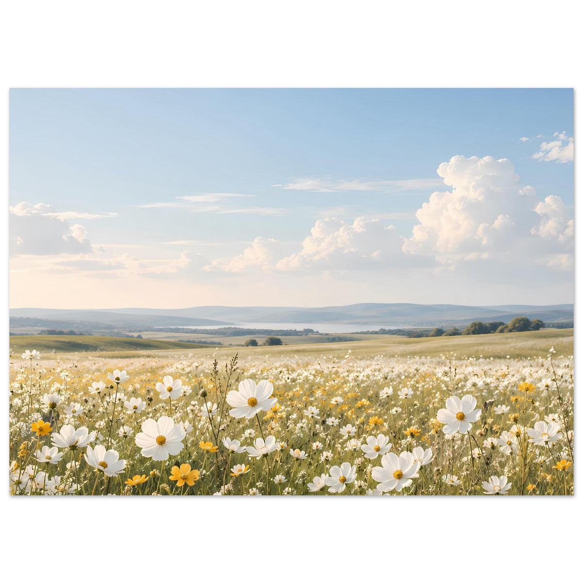 Blumenwiesen-Poster im Querformat mit dichtem Blumenmeer aus weißen und gelben Blüten