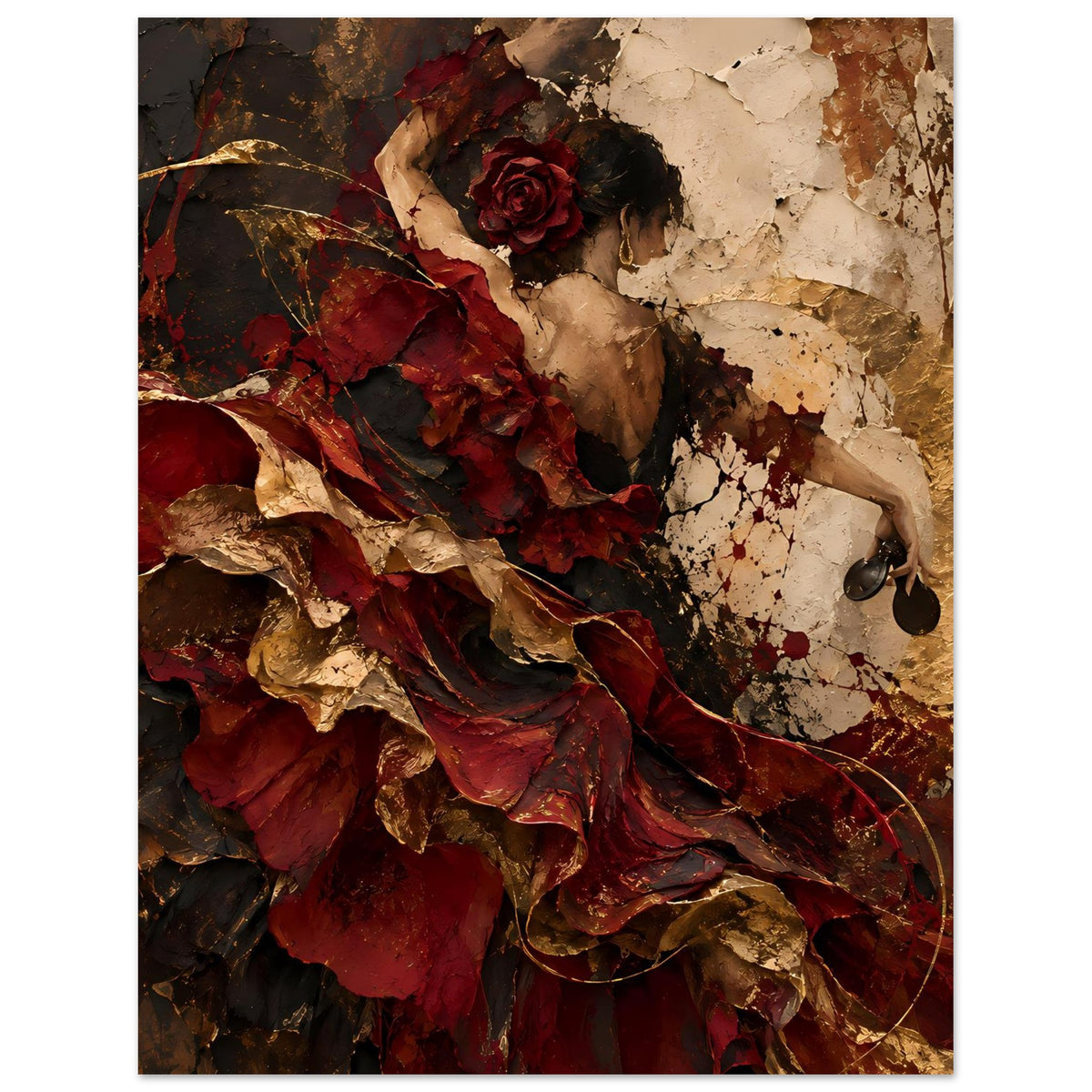 Wandkunst-Poster mit weiblicher Darstellung, roter Rose, fließenden roten Stofffalten und Goldakzenten