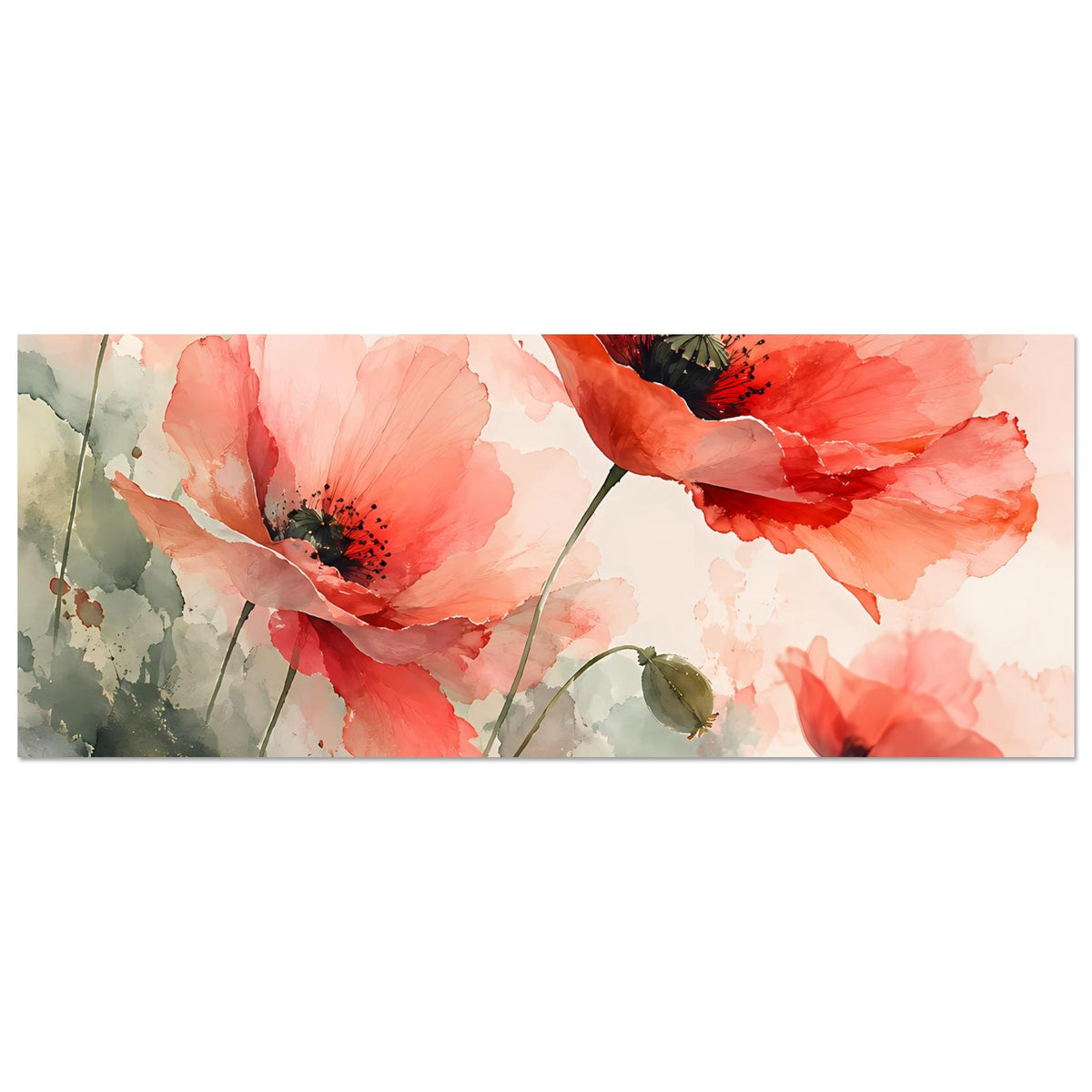 Aquarell-Poster (Querformat) mit Korallrosa Mohnblumen, grünen Knospen und Blättern