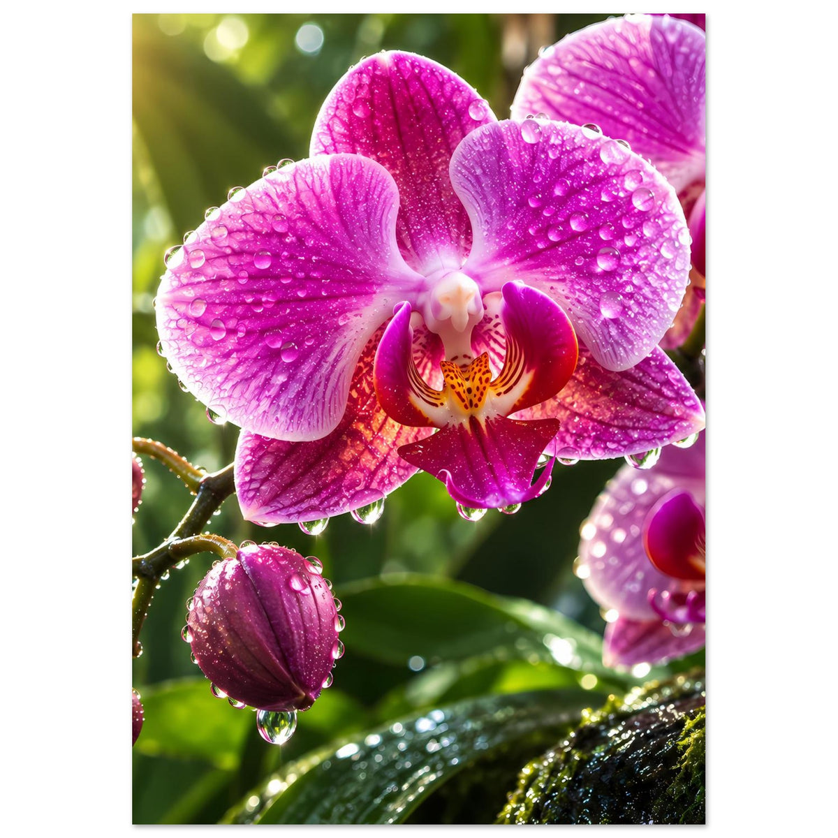 Poster mit pinkfarbenen Orchideenblüten und glitzernden Wassertropfen auf Blütenblättern