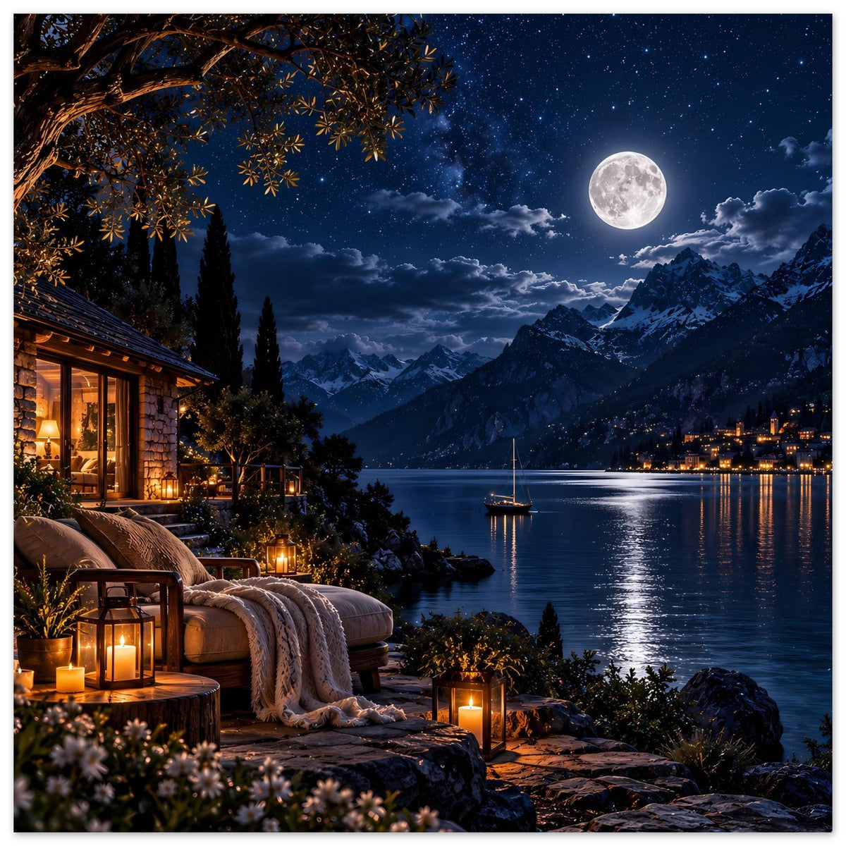 Poster mit Mond über Bergsee, beleuchtete Hütte, Kerzen und Decke am Terrassenrand