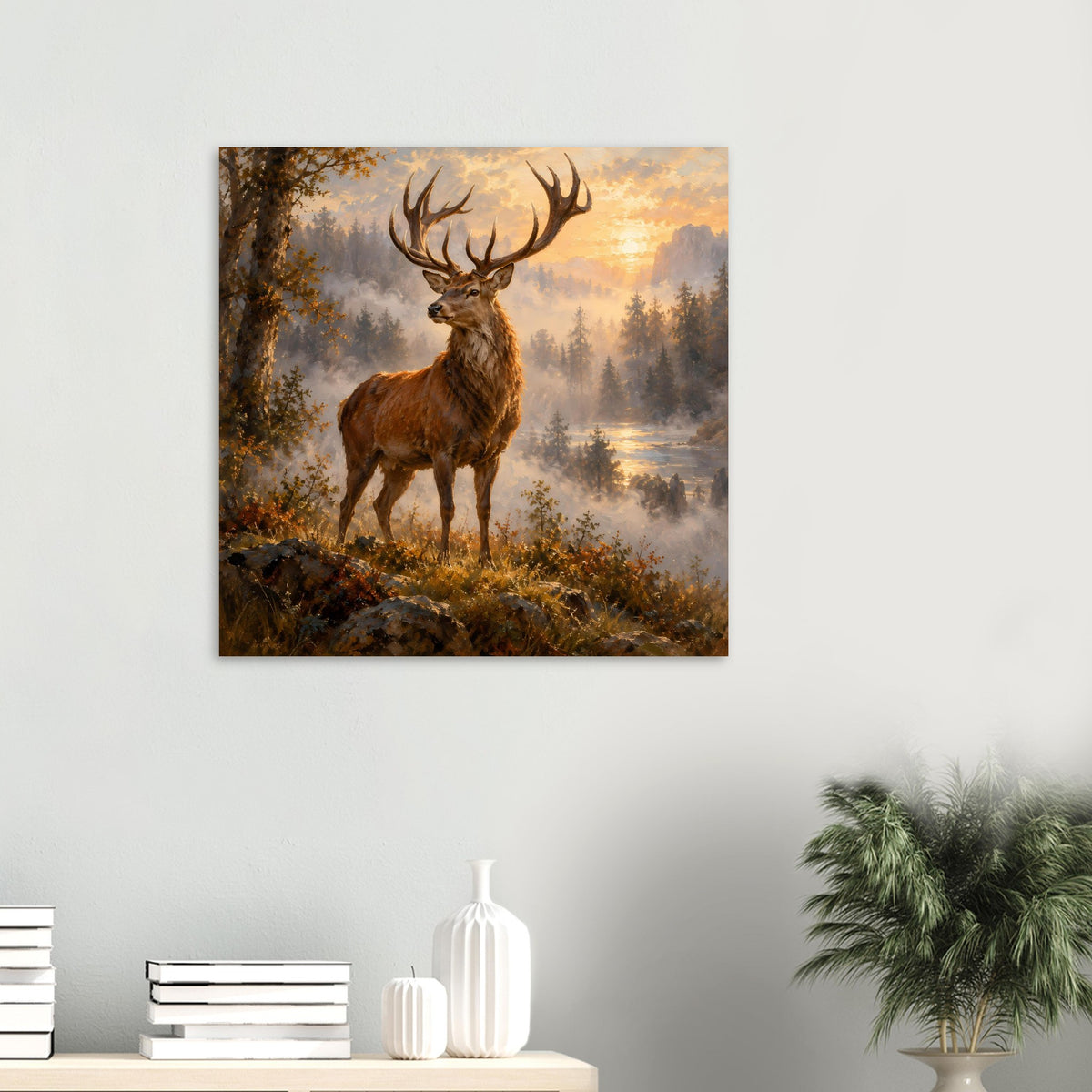 Majestic Stag Wandposter: brauner Hirsch mit ausladendem Geweih im Morgennebel