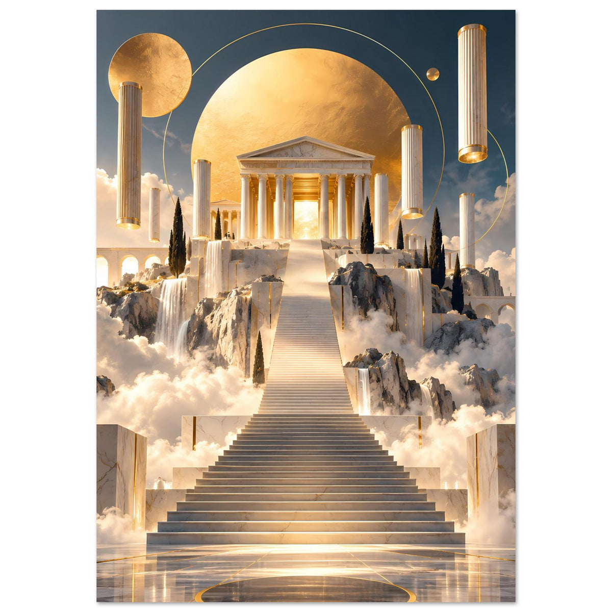 Hochformatiges Kunstposter mit Rundbogen, goldener Sonne und Tempel über Wolken