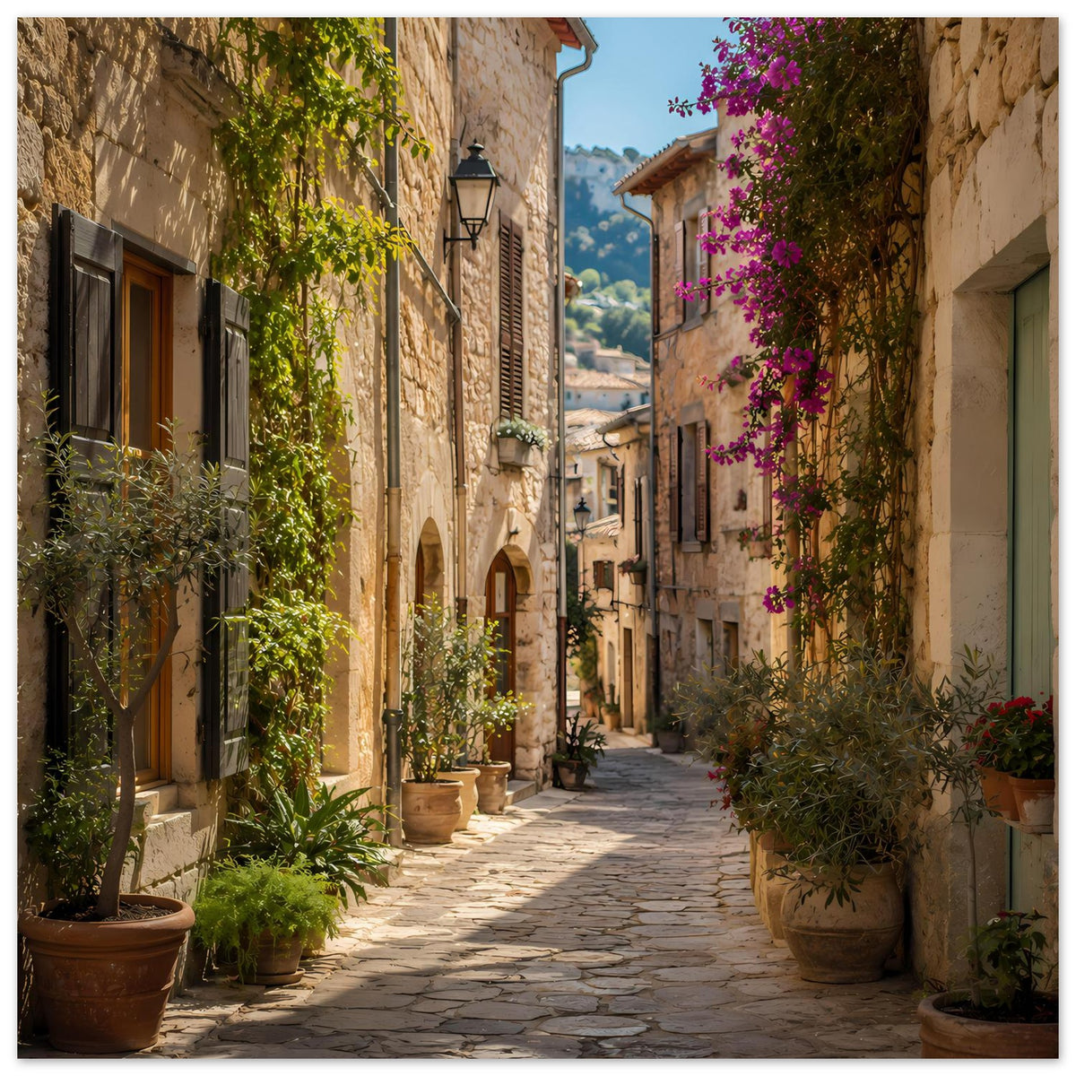 Mediterranes Poster: Sonnenhelle Gasse mit Steinwänden, Grünpflanzen und lila Blüten, im Rahmen.