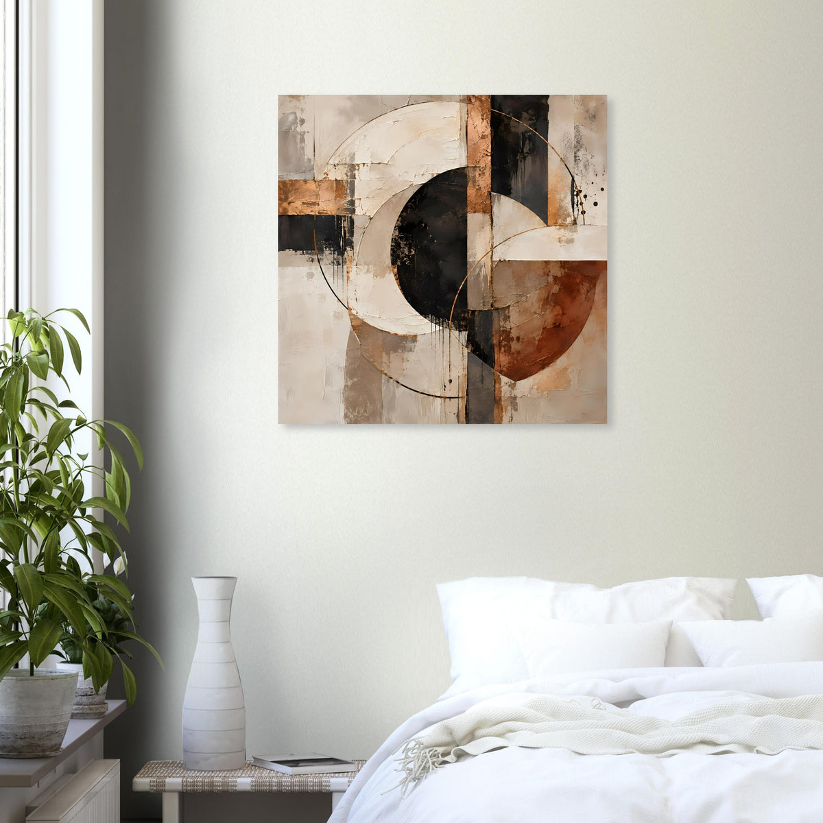 Abstraktes geometrisches Poster (klein) in warmen Erdtönen, schwarz-weiße Kreise und Bögen