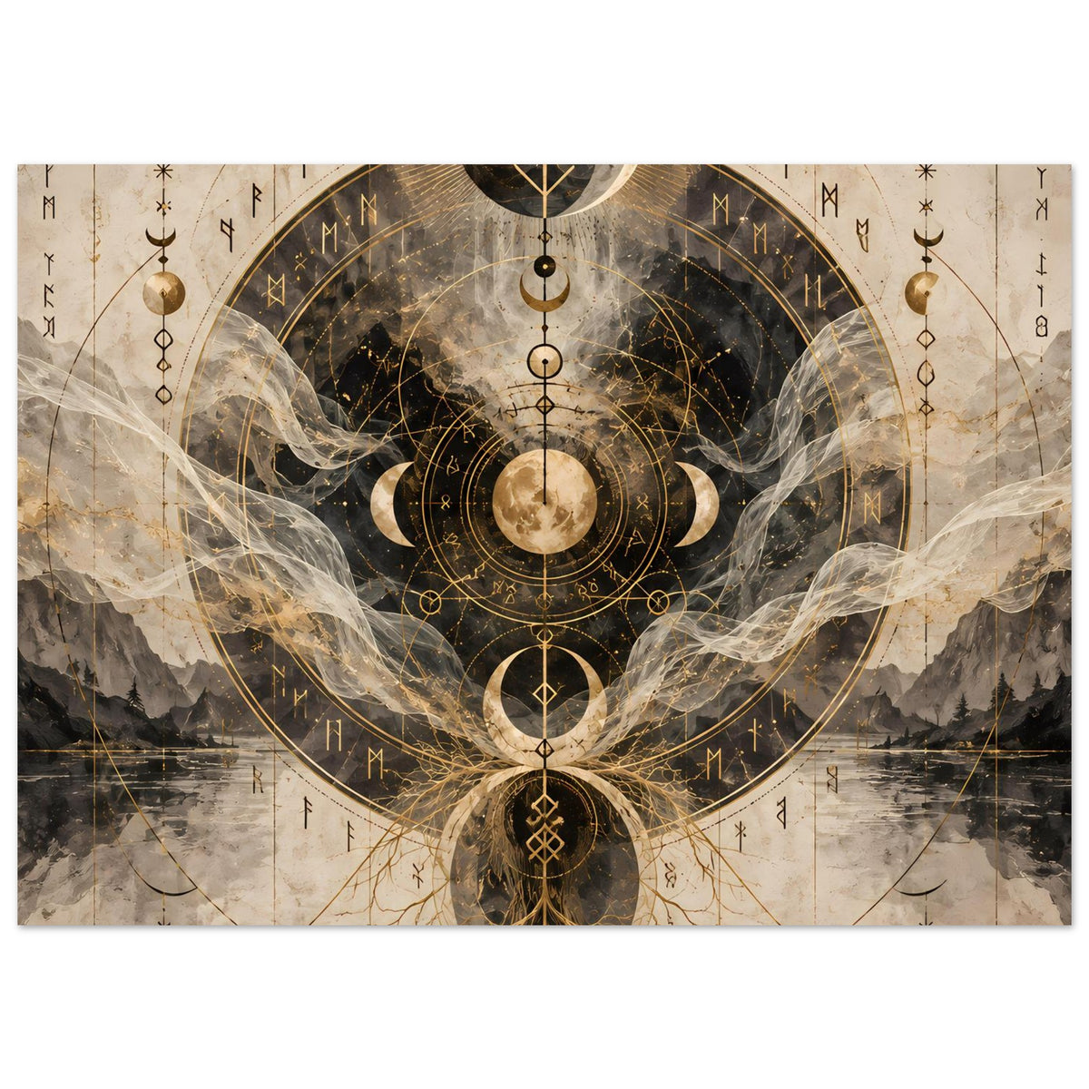 Poster im Querformat mit großen Mondphasen, goldfarbenen Symbolen und dunklem Kreisornament