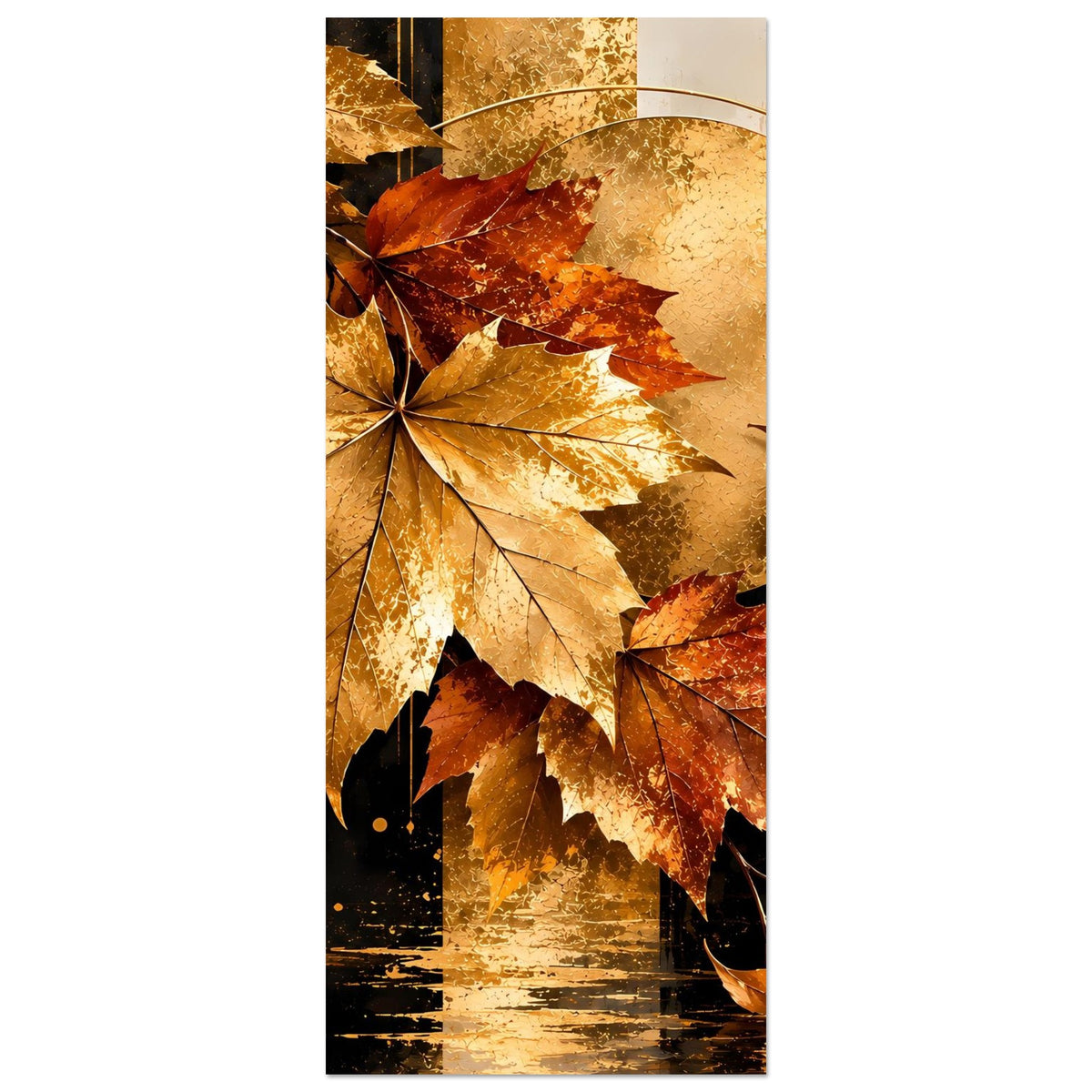 Herbstposter in schmaler Ansicht: goldene Ahornblätter und kreisförmige Sonne