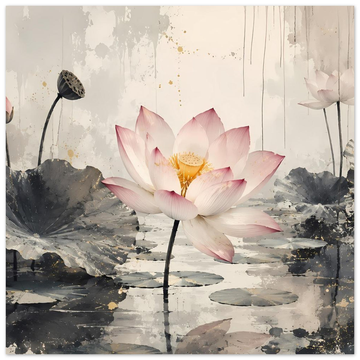 Zen-Poster mit zwei Lotusblüten über grauem Seerosenteich und dunklen Pfützen