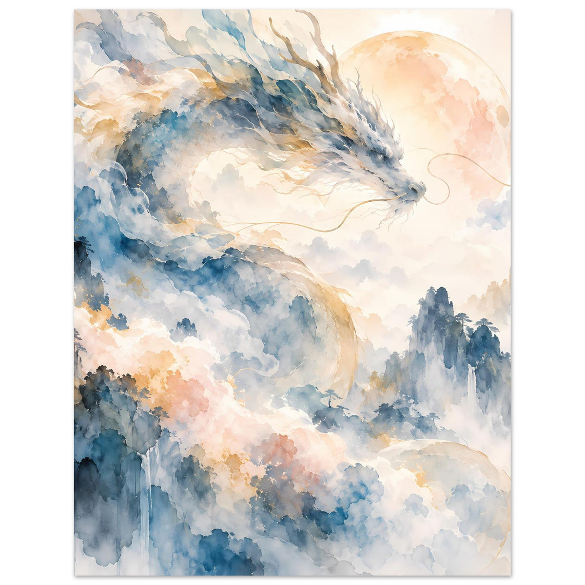Fantasie-Aquarellposter mit Drachenkopf links, blau-graue Nebelberge und warmen Wolken