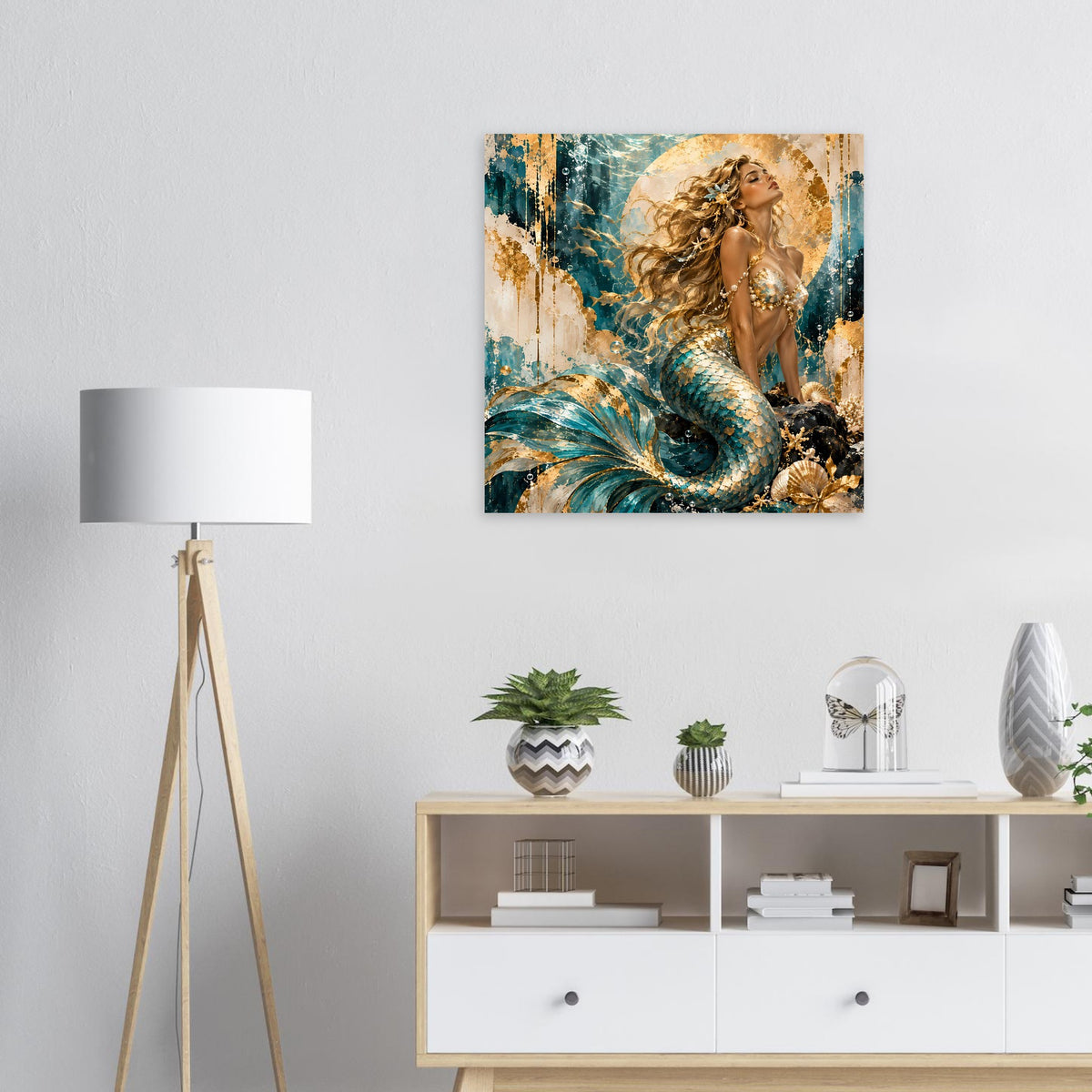 Meerjungfrau-Kunstposter mit türkis-blauer Schuppenflosse, goldenen Haaren und Wellenakzenten